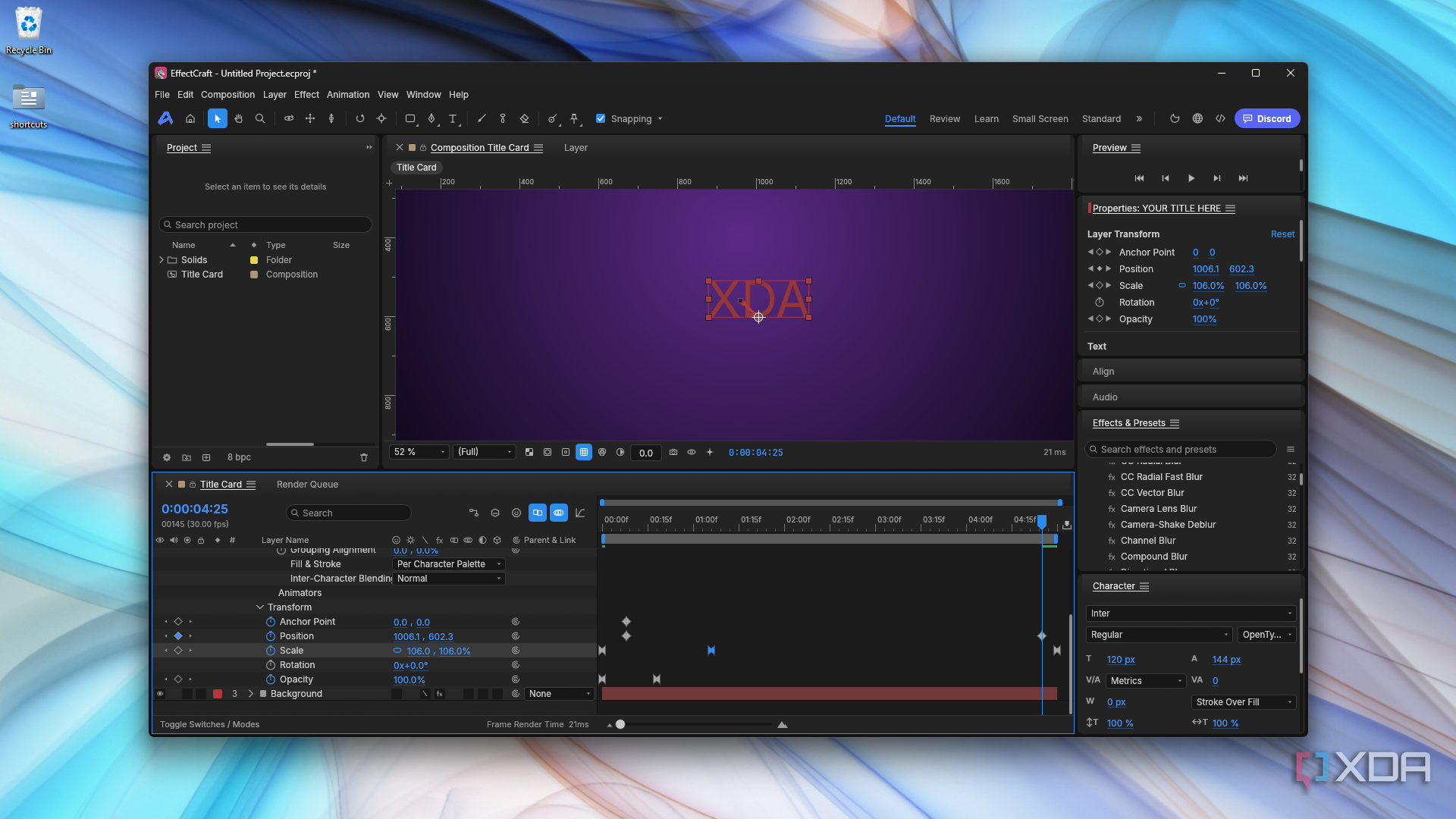 newly opened Title Card template in EffectCraft