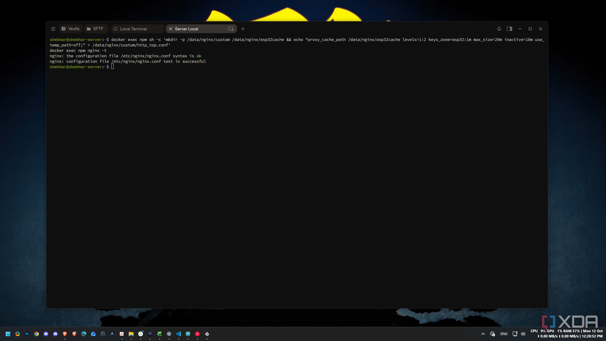 Terminal showing the nginx cache zone configuration being written and the config test passing
