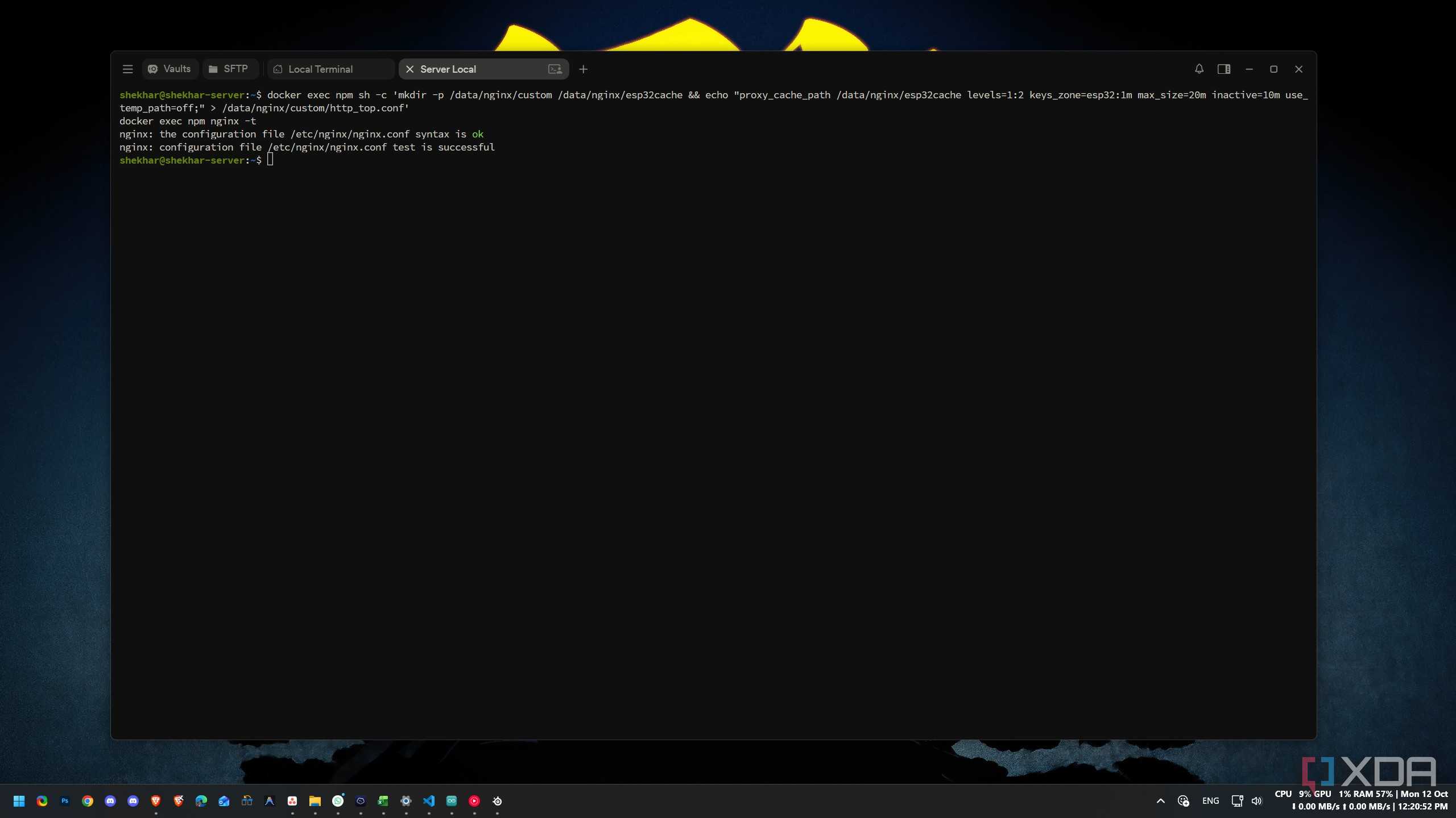 Terminal showing the nginx cache zone configuration being written and the config test passing