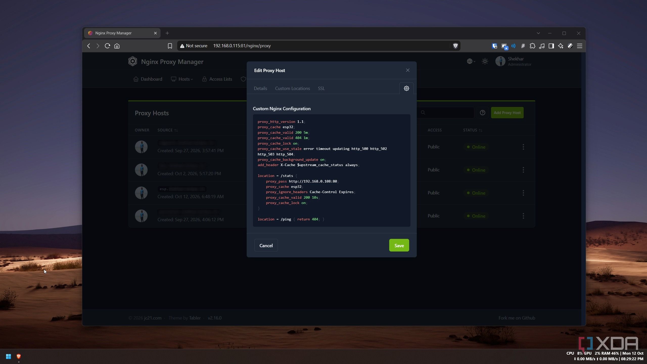 Nginx Proxy Manager custom configuration setting a five-minute page cache, a ten-second stats cache and a 404 for the ping endpoint