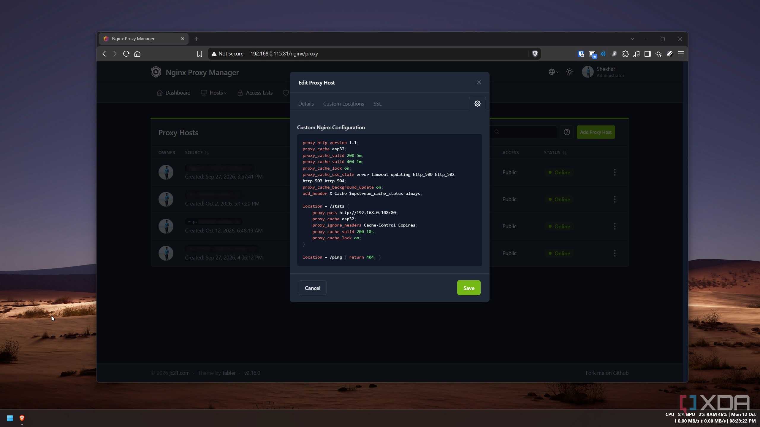 Nginx Proxy Manager custom configuration setting a five-minute page cache, a ten-second stats cache and a 404 for the ping endpoint