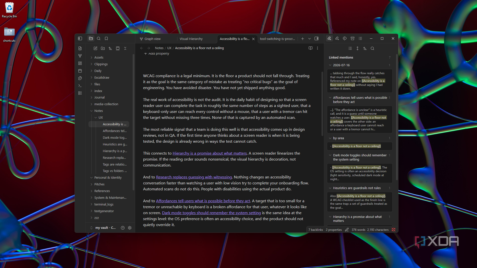 obsidian note with backlinks on display