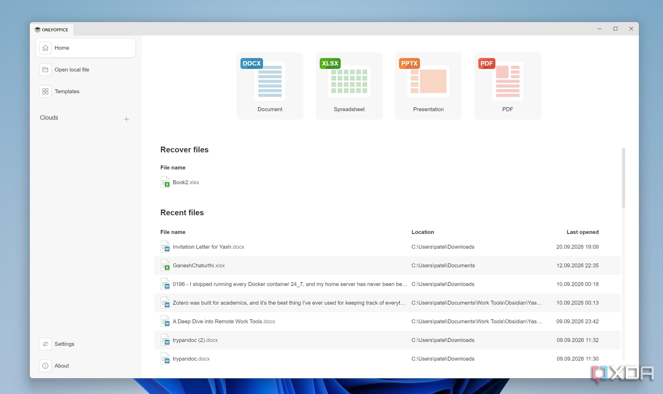 Home page in OnlyOffice suite