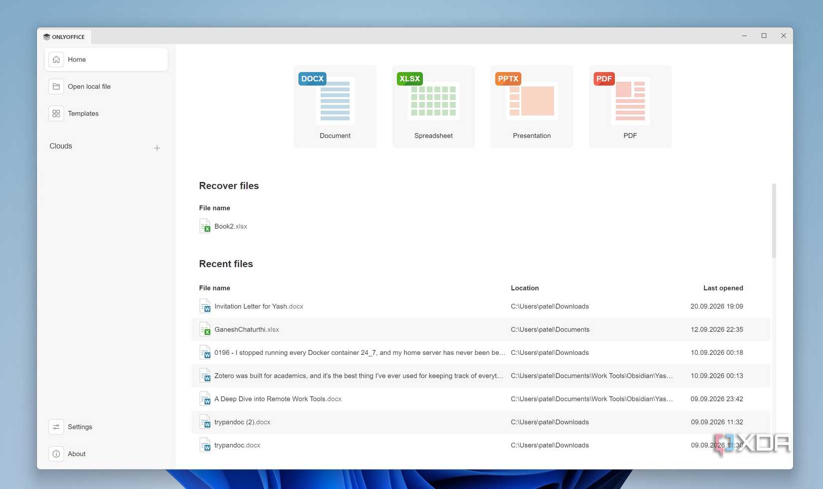 Home page in OnlyOffice suite