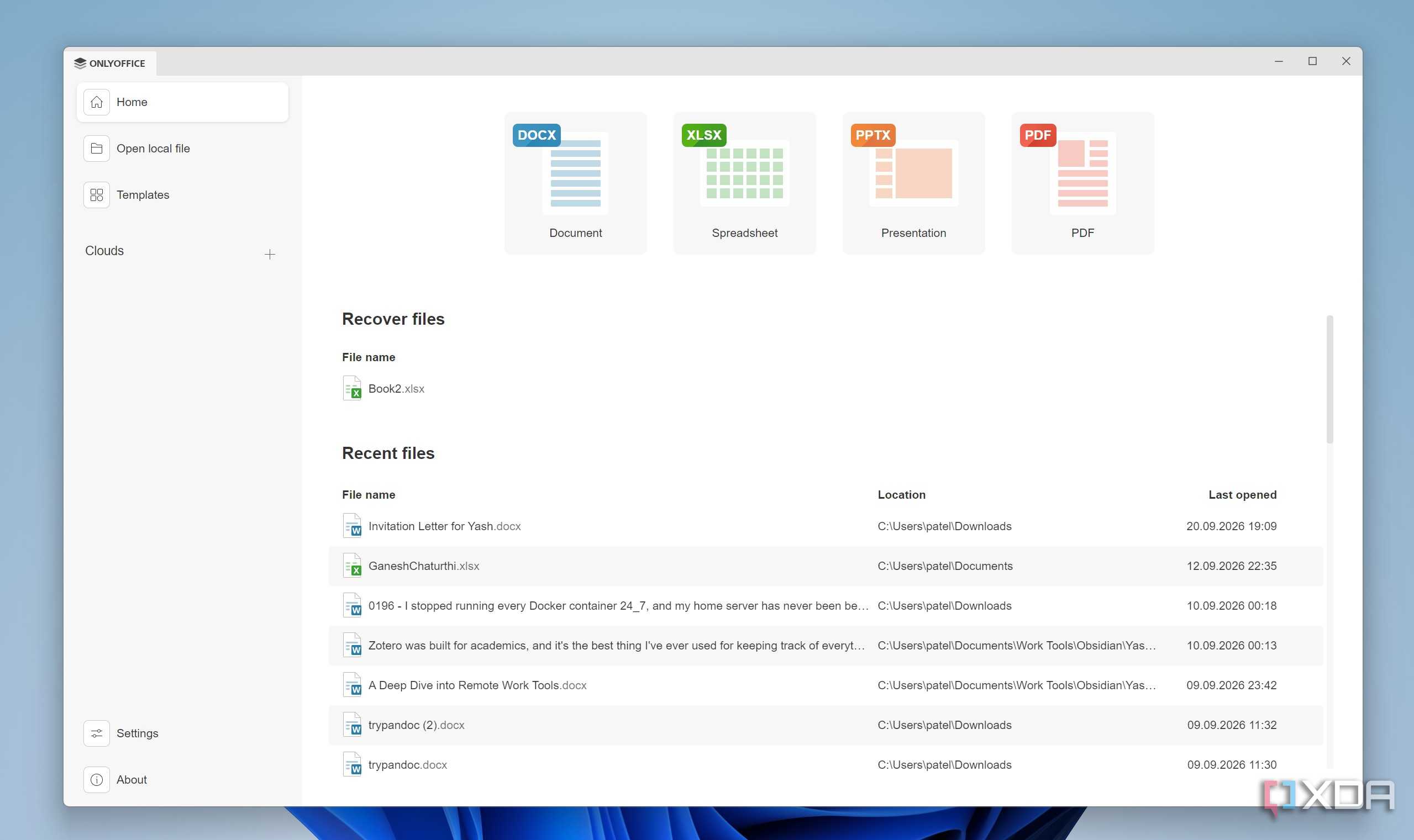 Home page in OnlyOffice suite