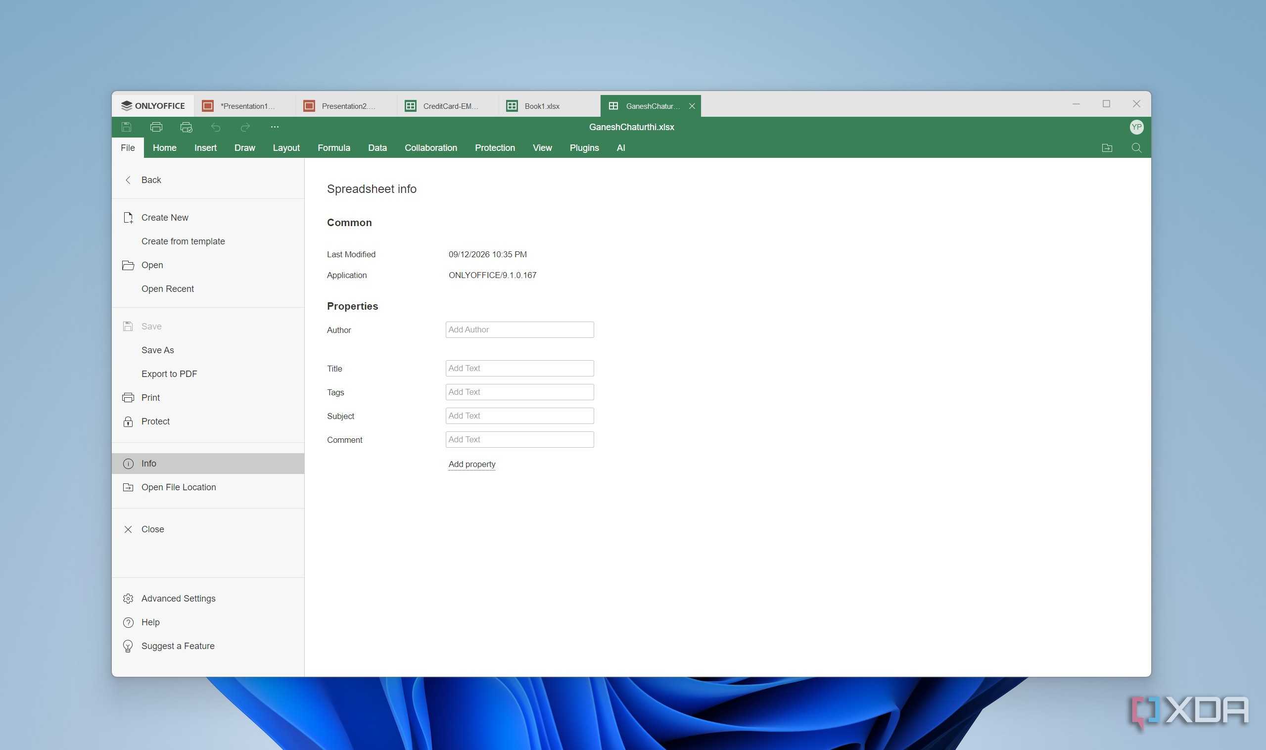 Info section in OnlyOffice sheets