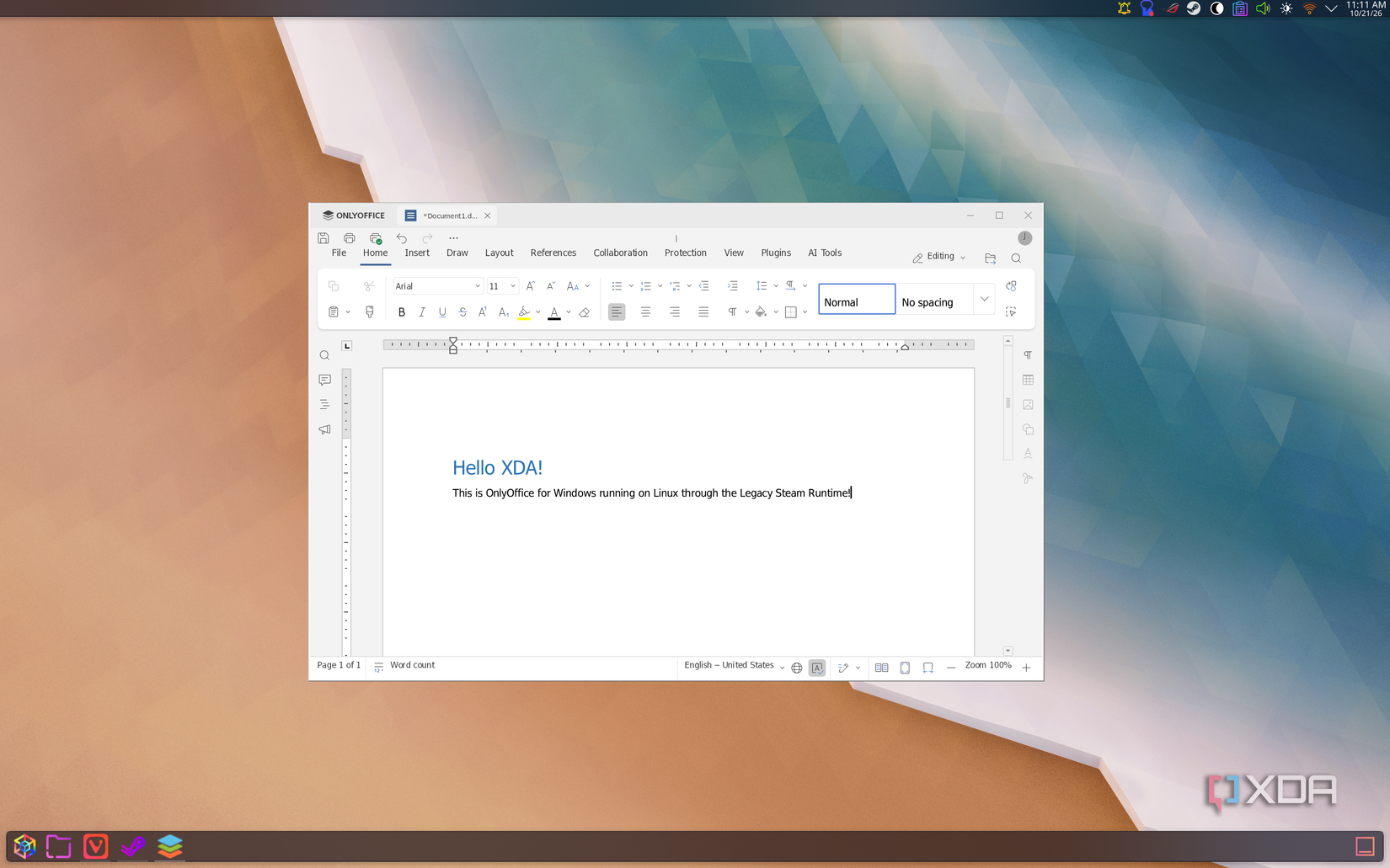 Screenshot of the Windows version of OnlyOffice running on Linux using Steam