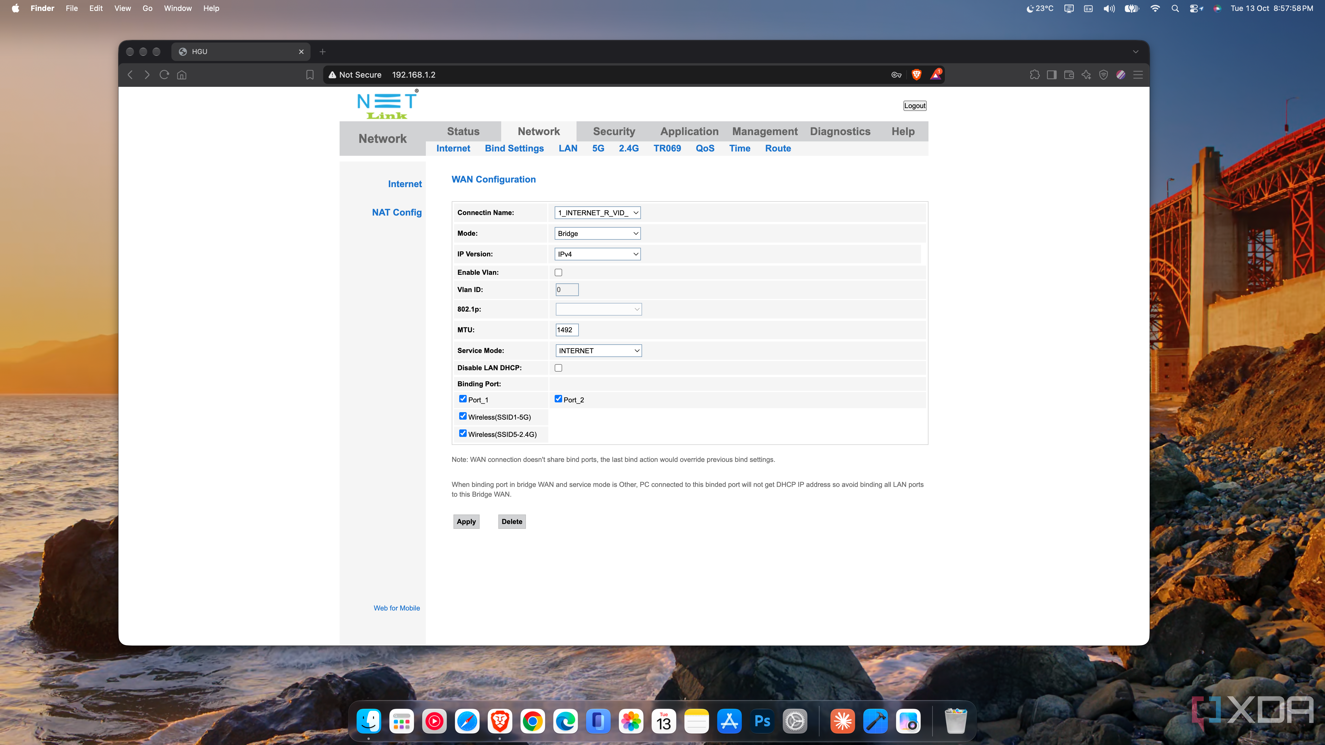 ONT WAN configuration with Bridge mode selected and VLAN disabled