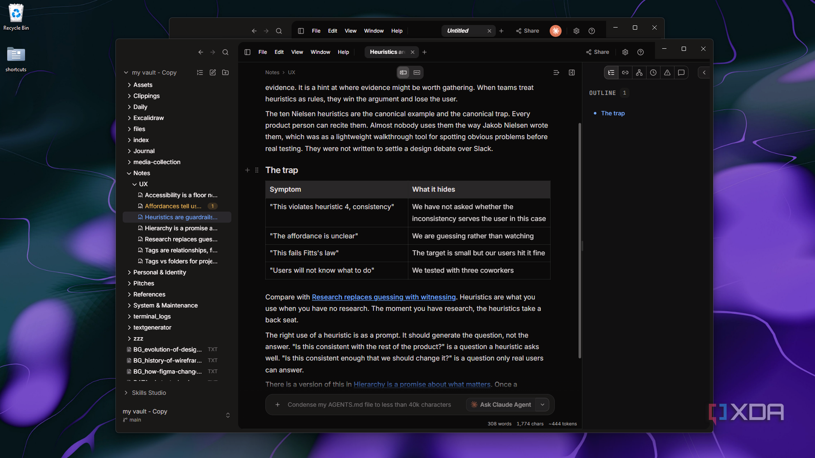 OpenKnowledge loaded on vault with Outline panel