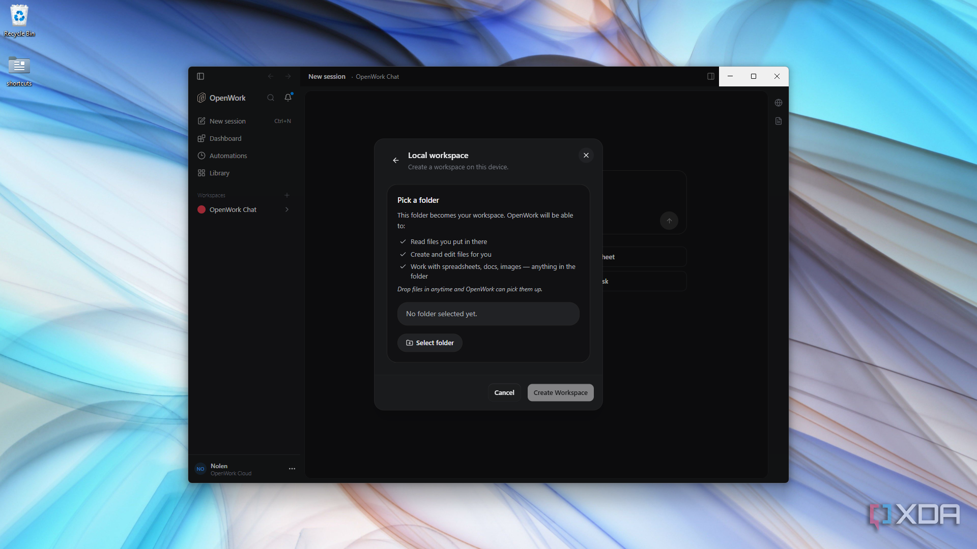 OpenWork create local workspace dialog