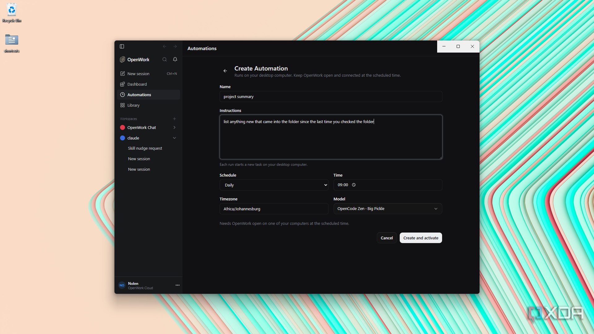 OpenWork handling daily automation creation form-1