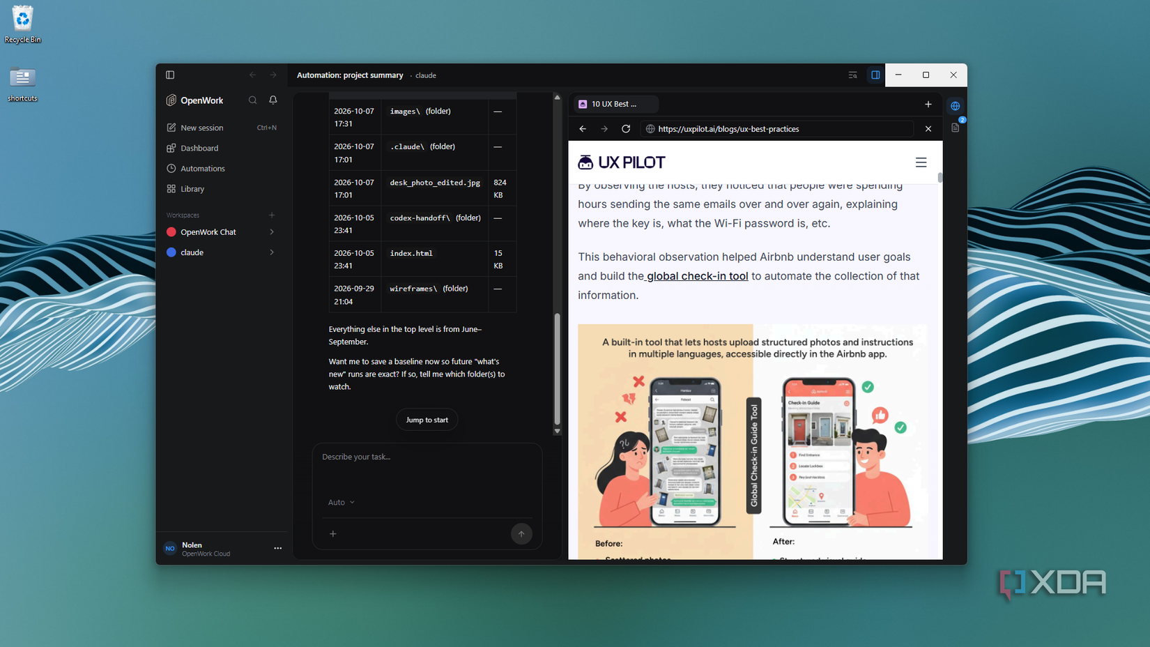 OpenWork next to built-in browser on UX PILOT