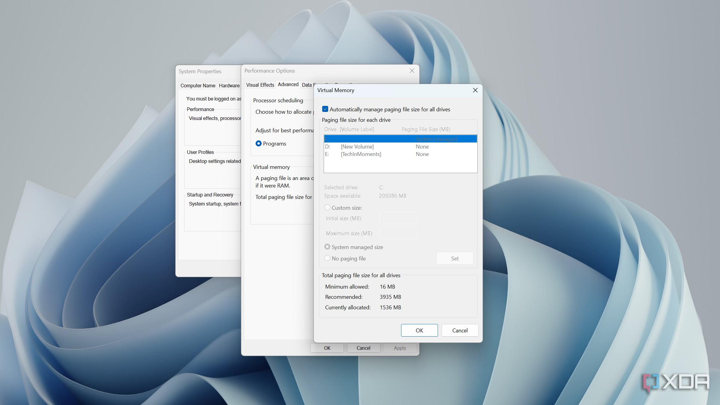 default page file configuration on Windows 11