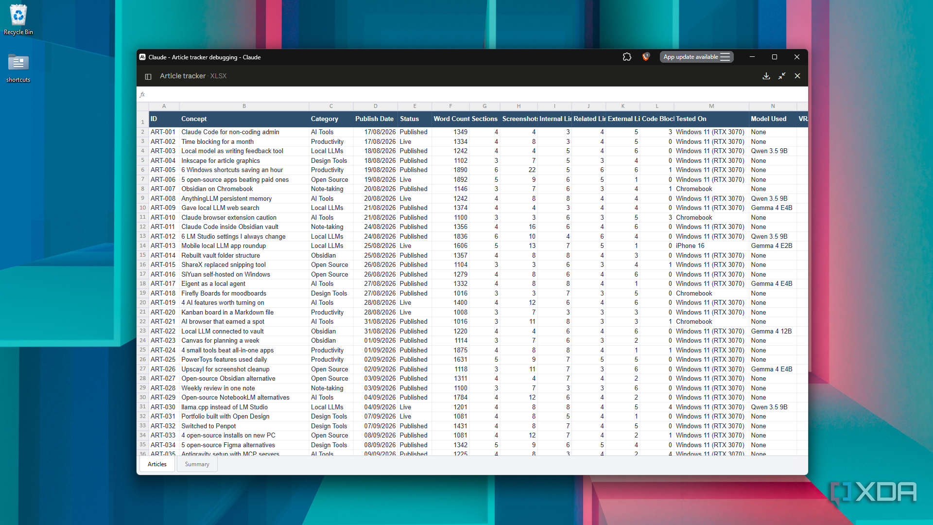 pane with fixed article tracker in Claude Desktop