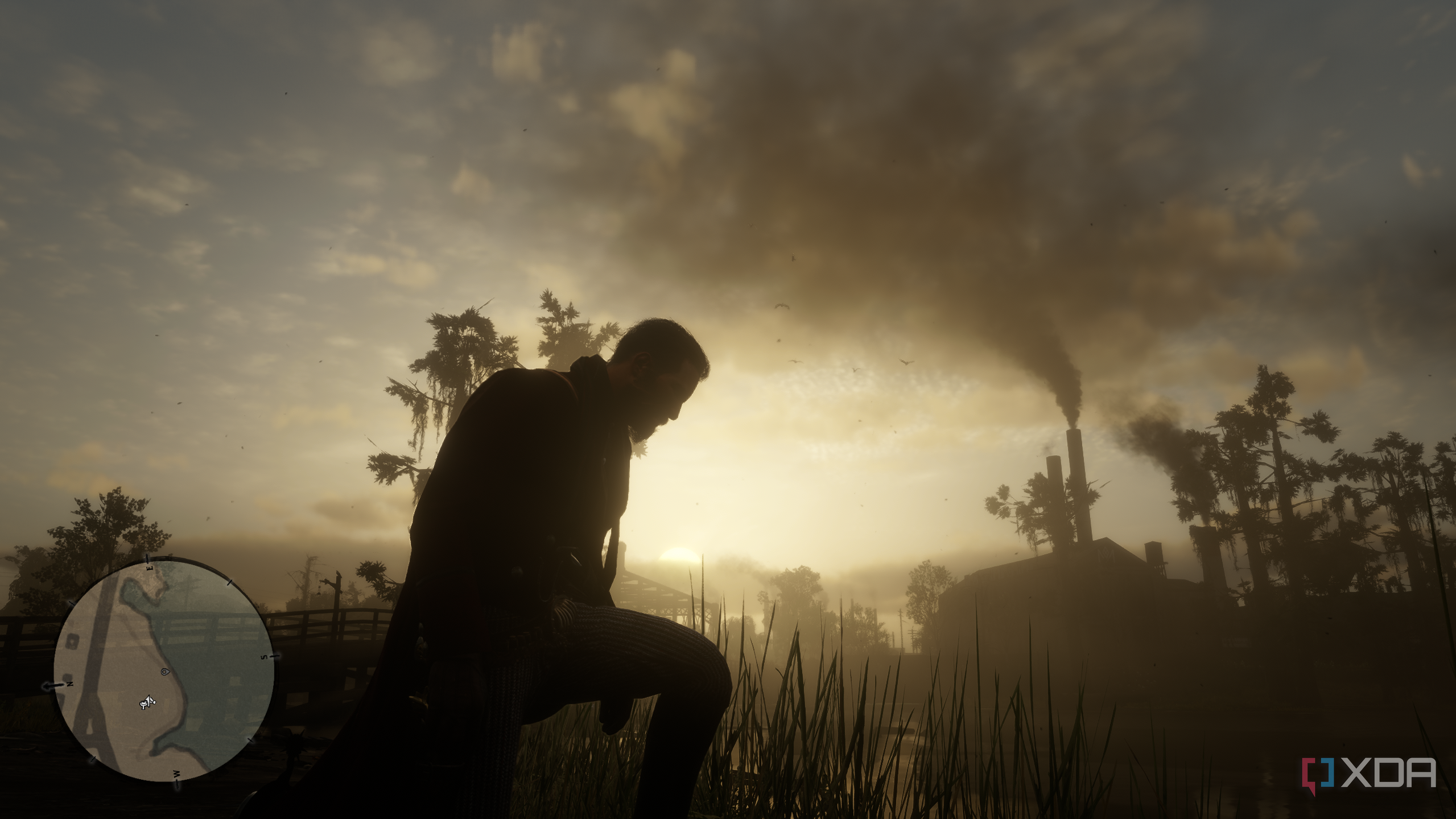 A gameplay screenshot from Red Dead Redemption 2 featuring low-level cumulus clouds.