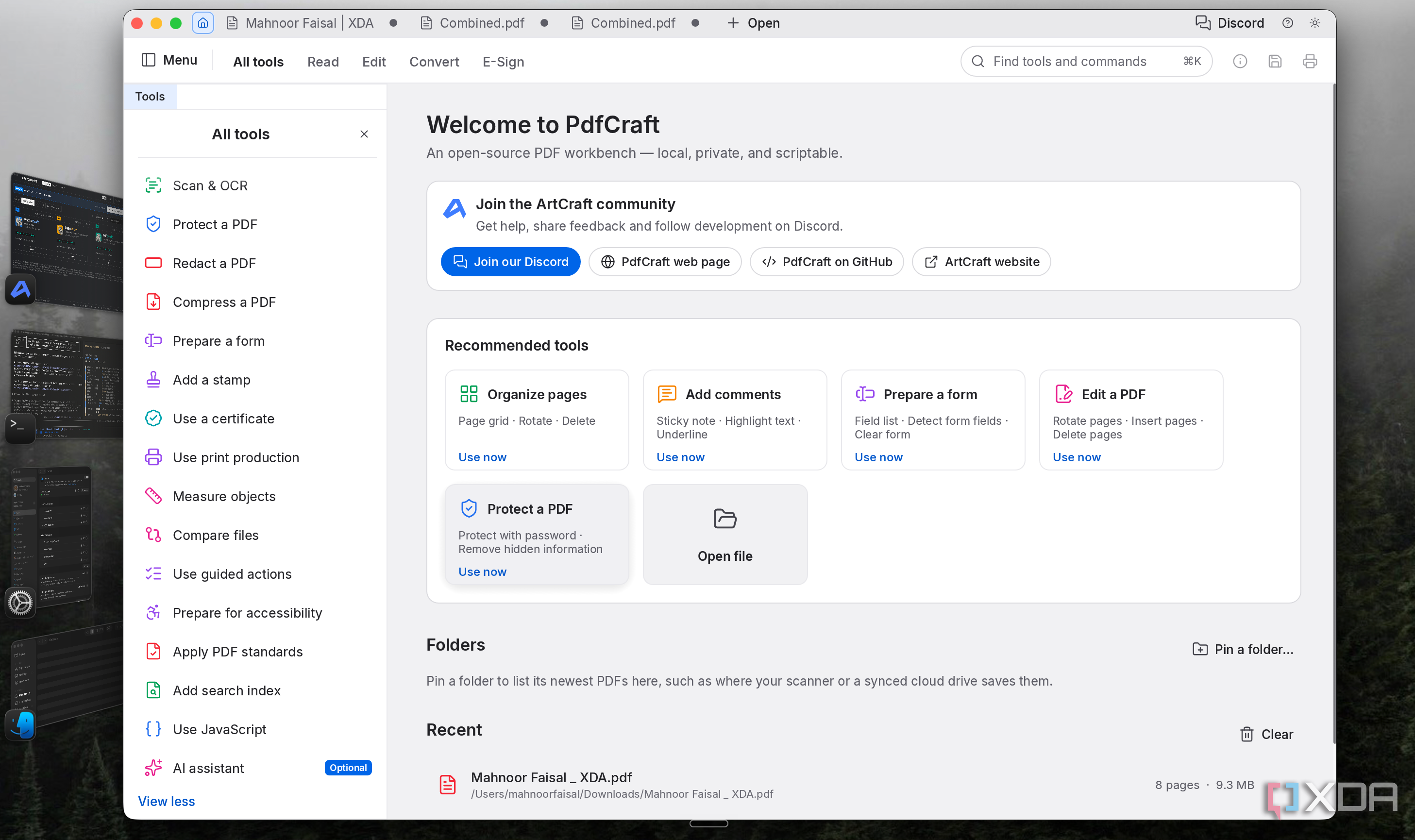 PdfCraft All tools menu listing Scan & OCR, Redact, Compress and more on the welcome page