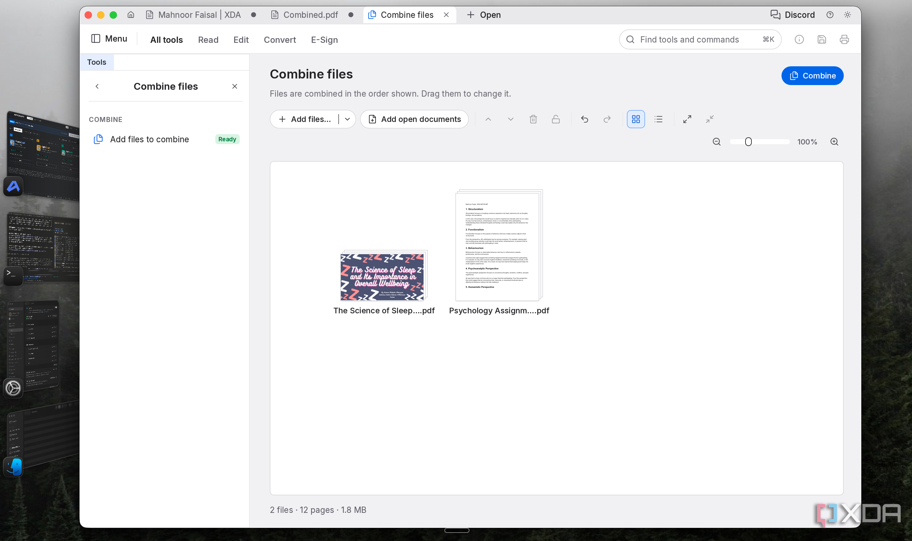 PdfCraft Combine files tool with a sleep presentation and psychology assignment queued