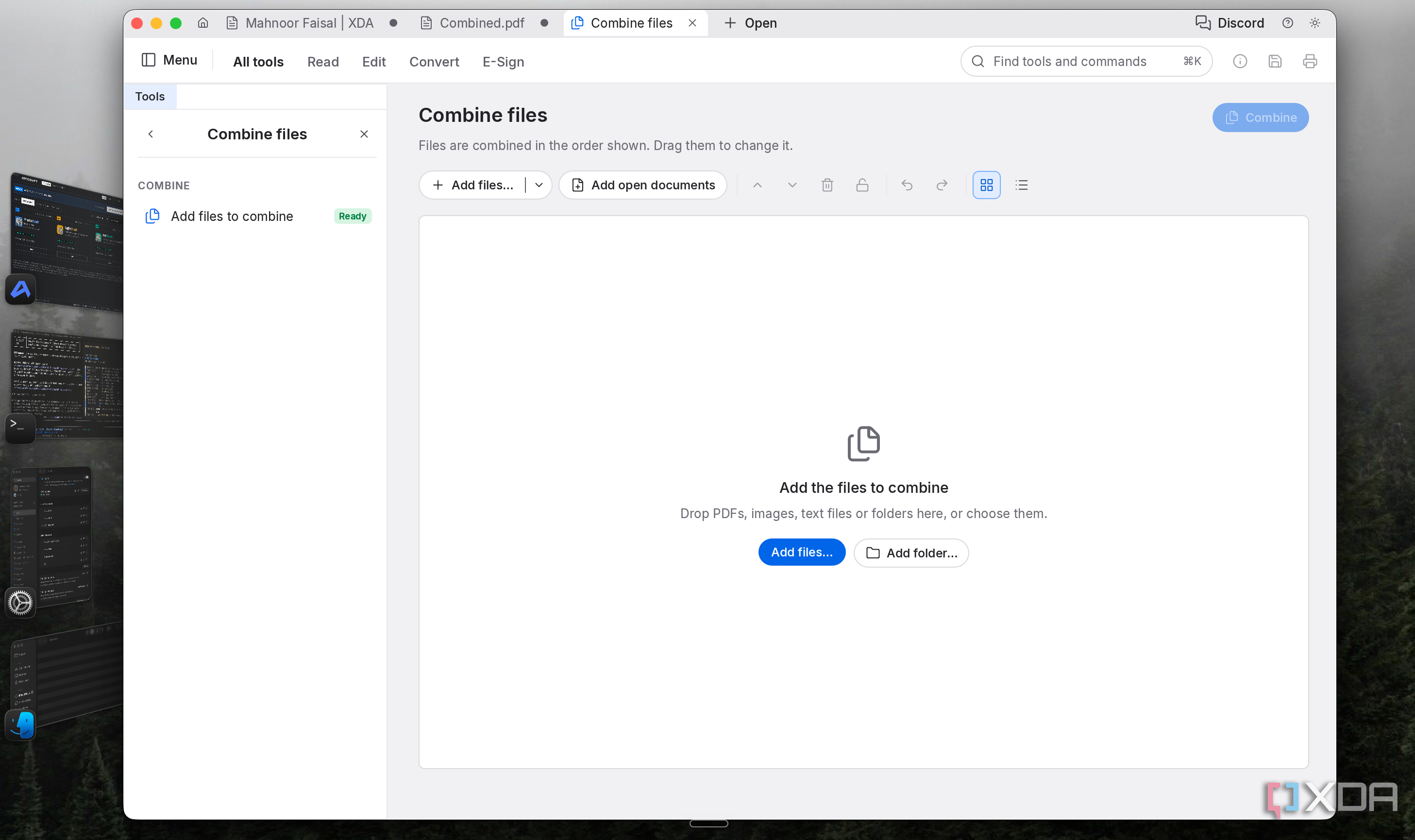PdfCraft Combine files tool with an empty drop area for adding PDFs, images and folders
