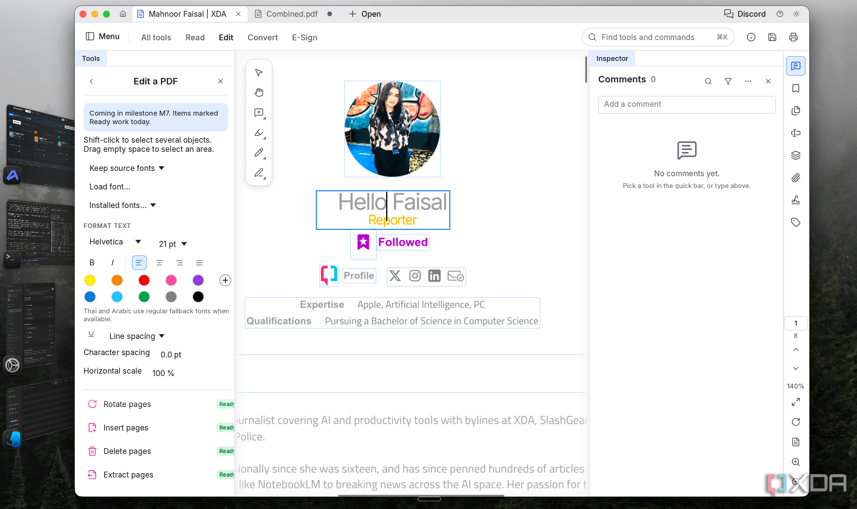 PdfCraft editing the name on a PDF to Hello Faisal with font and color options open