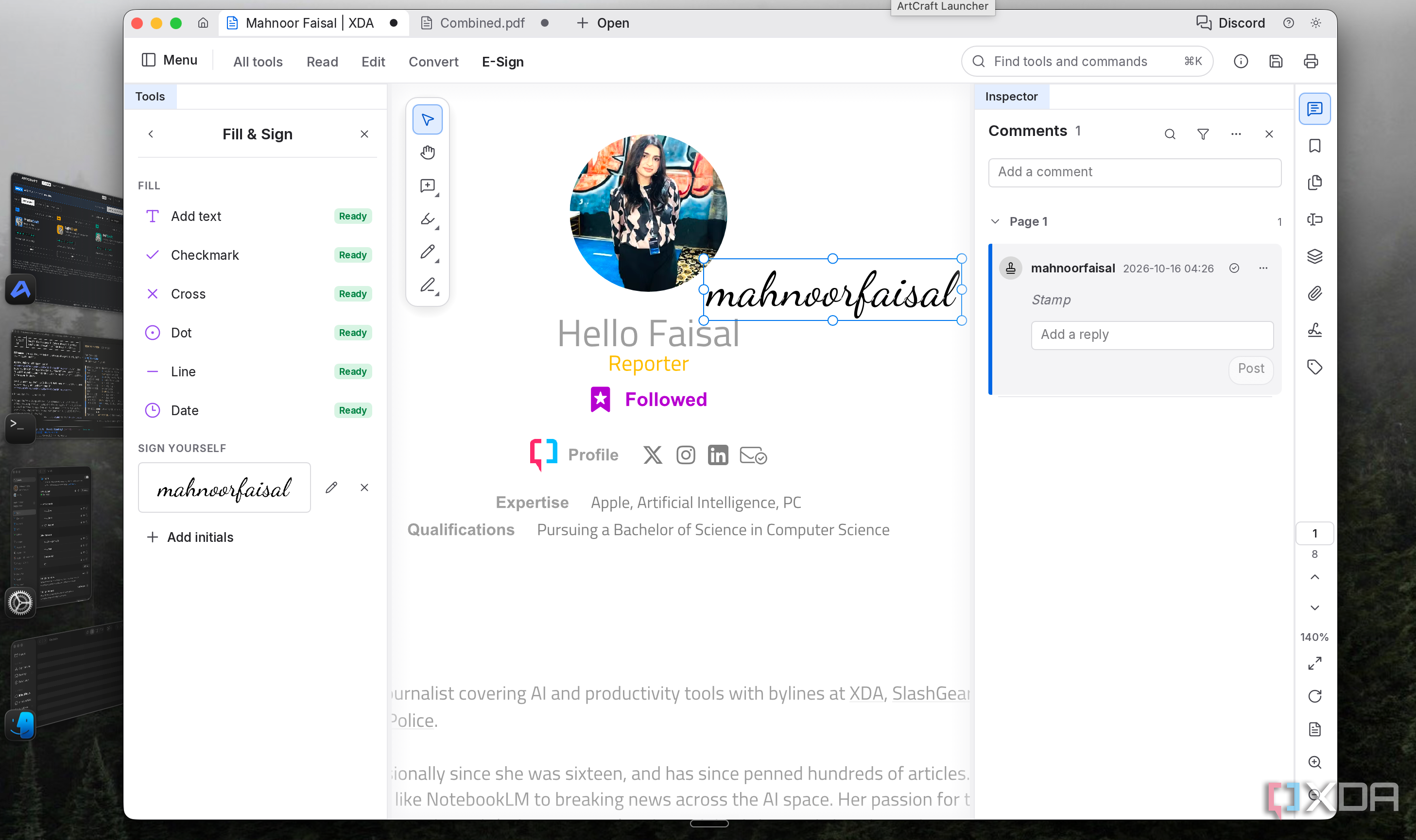 PdfCraft Fill & Sign panel with a handwritten signature placed on the profile PDF