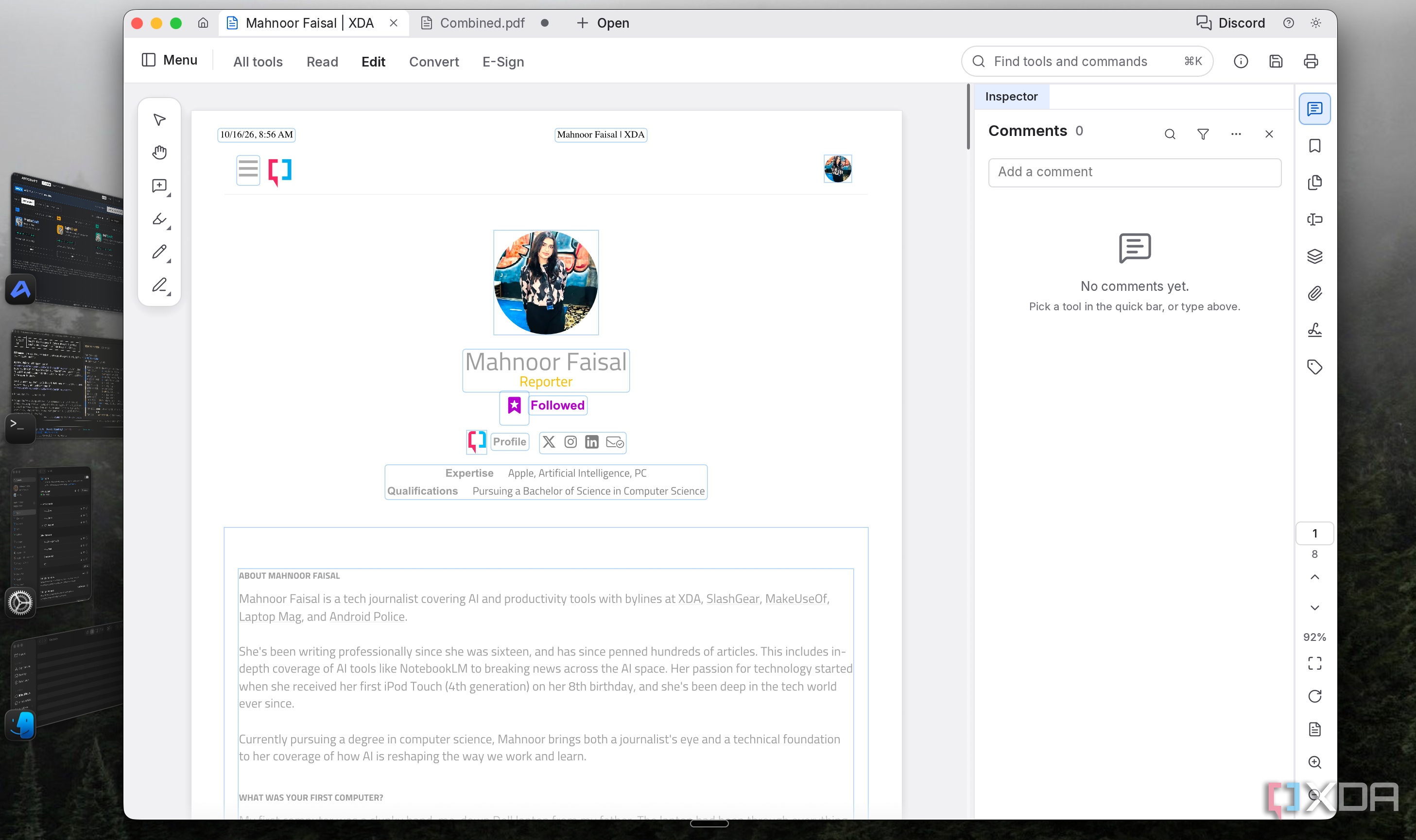 PdfCraft on a Mac with an XDA author profile PDF open in the editor