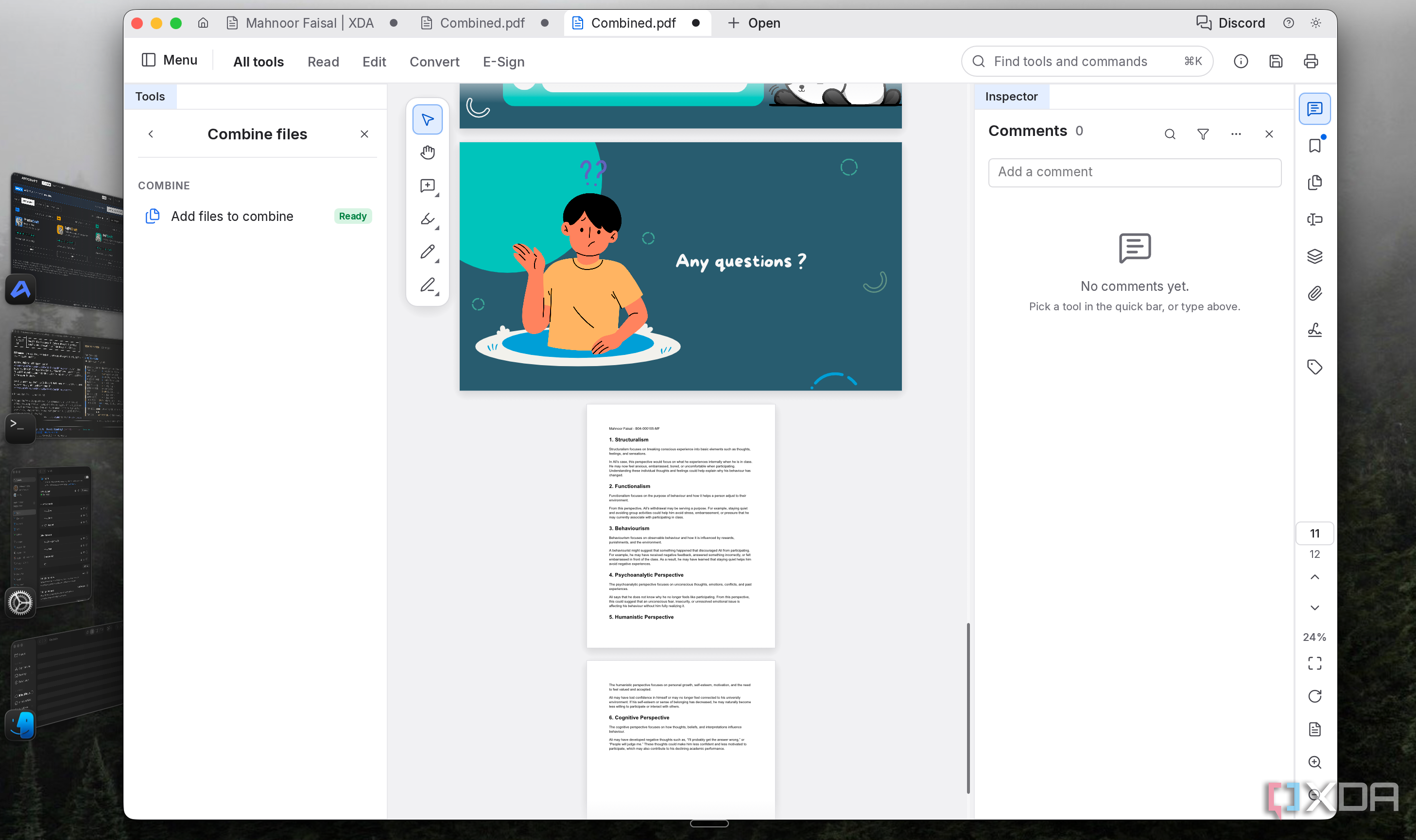PdfCraft showing the combined PDF with presentation slides followed by assignment pages