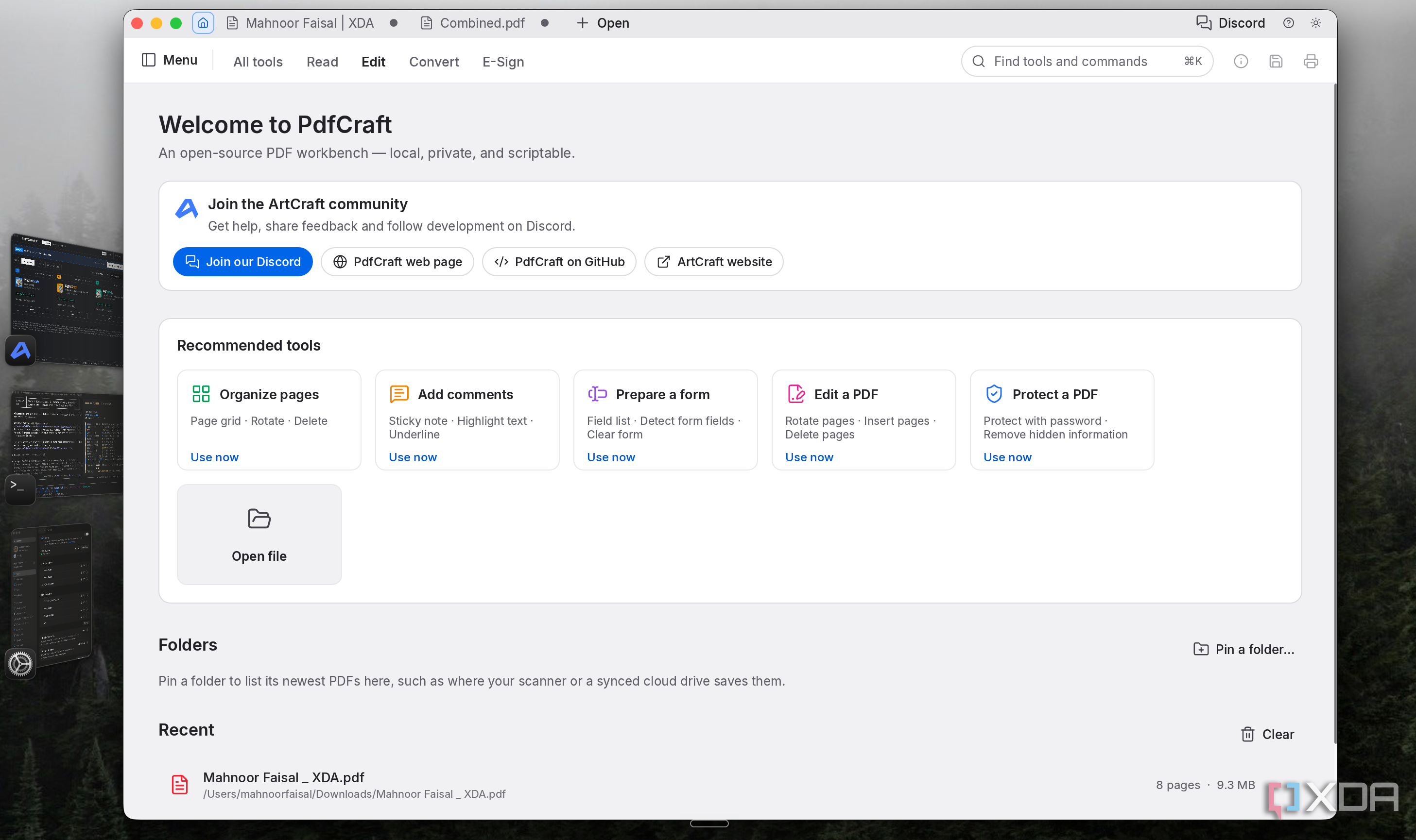 PdfCraft welcome screen on a Mac with recommended tools and a recent XDA profile PDF