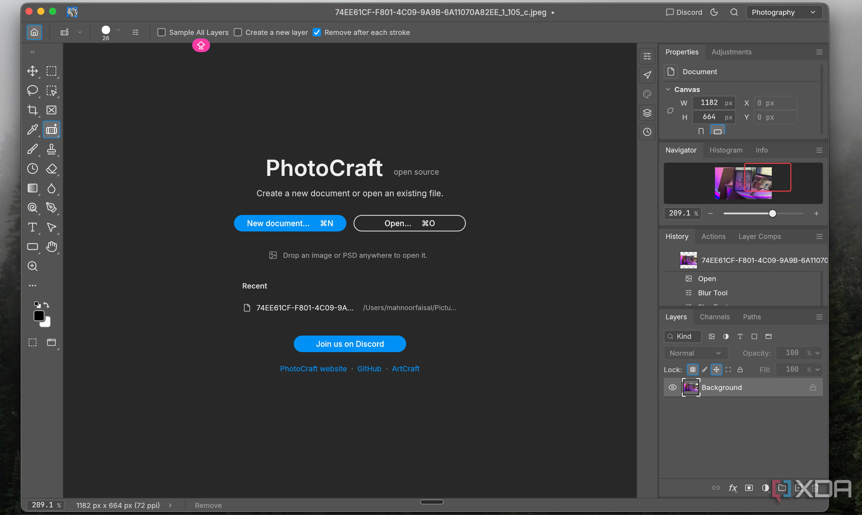 PhotoCraft switched to the Photography workspace with Navigator and History panels visible