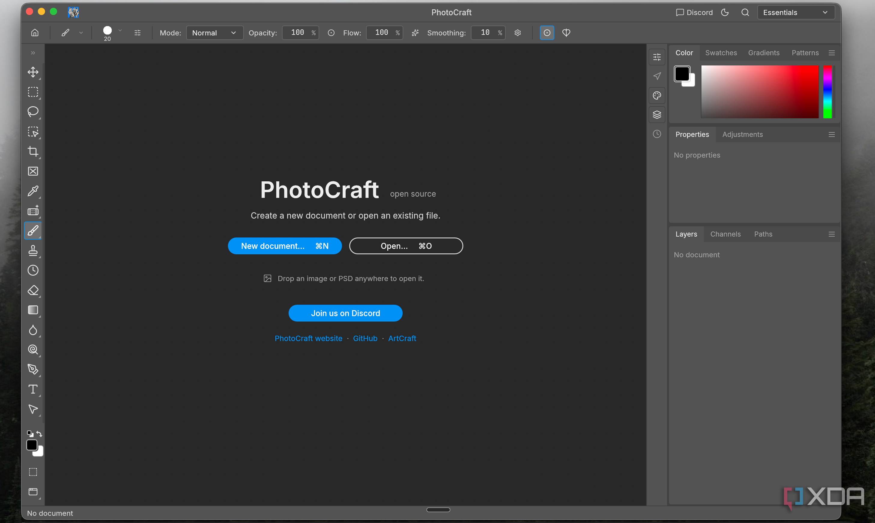 PhotoCraft welcome screen on a Mac with New document and Open buttons and a Photoshop-style UI