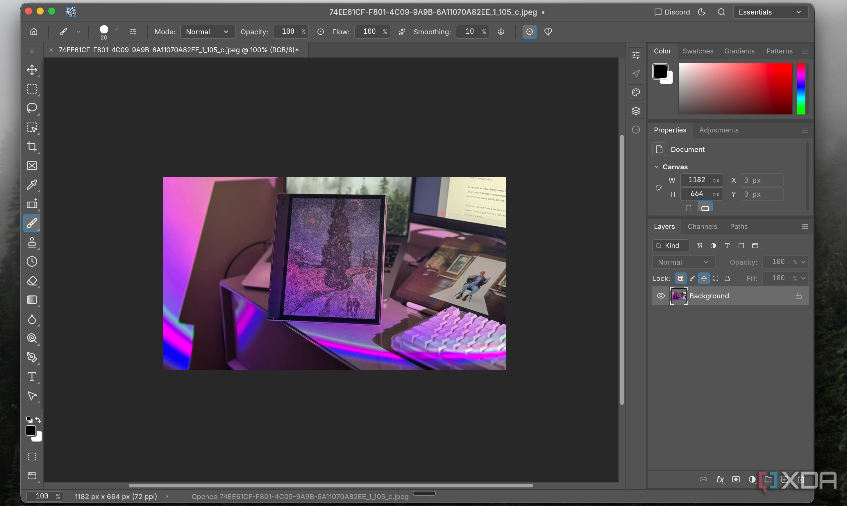 PhotoCraft with a desk photo open showing a Boox e-reader, tablet and keyboard in purple light