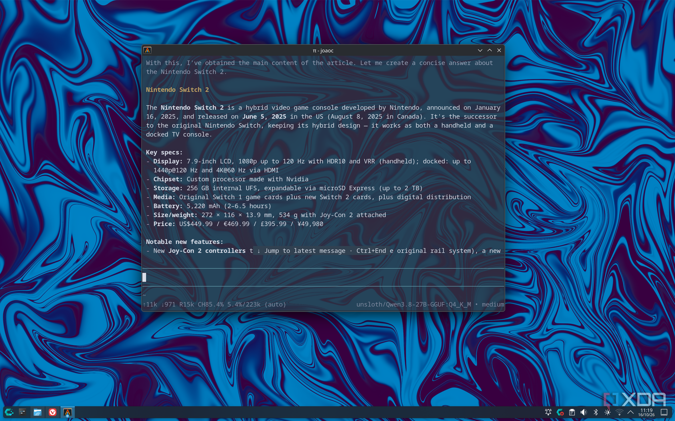 Screenshot of Pi showing an answer to the question "what is the Nintendo Switch 2?"