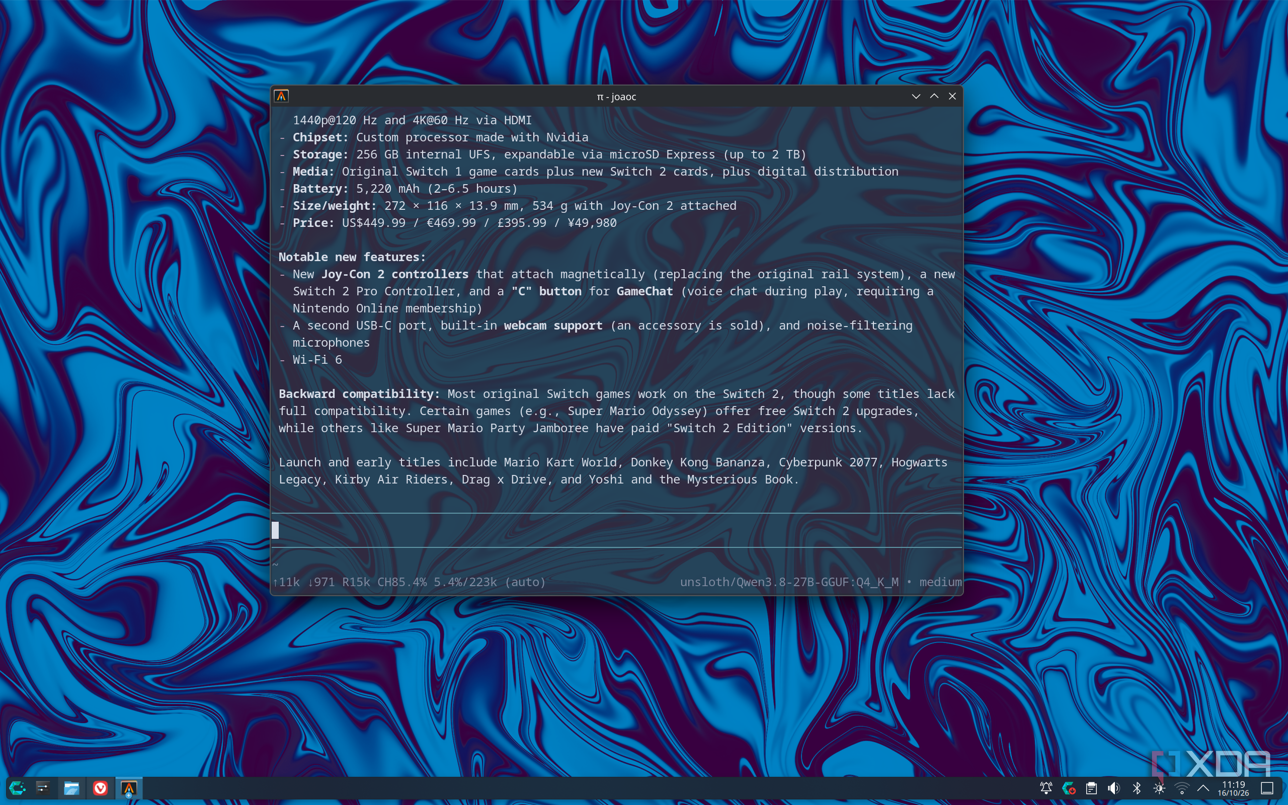 Screenshot of Pi answering the question "What is the Nintendo Switch 2?" using information from Kiwix