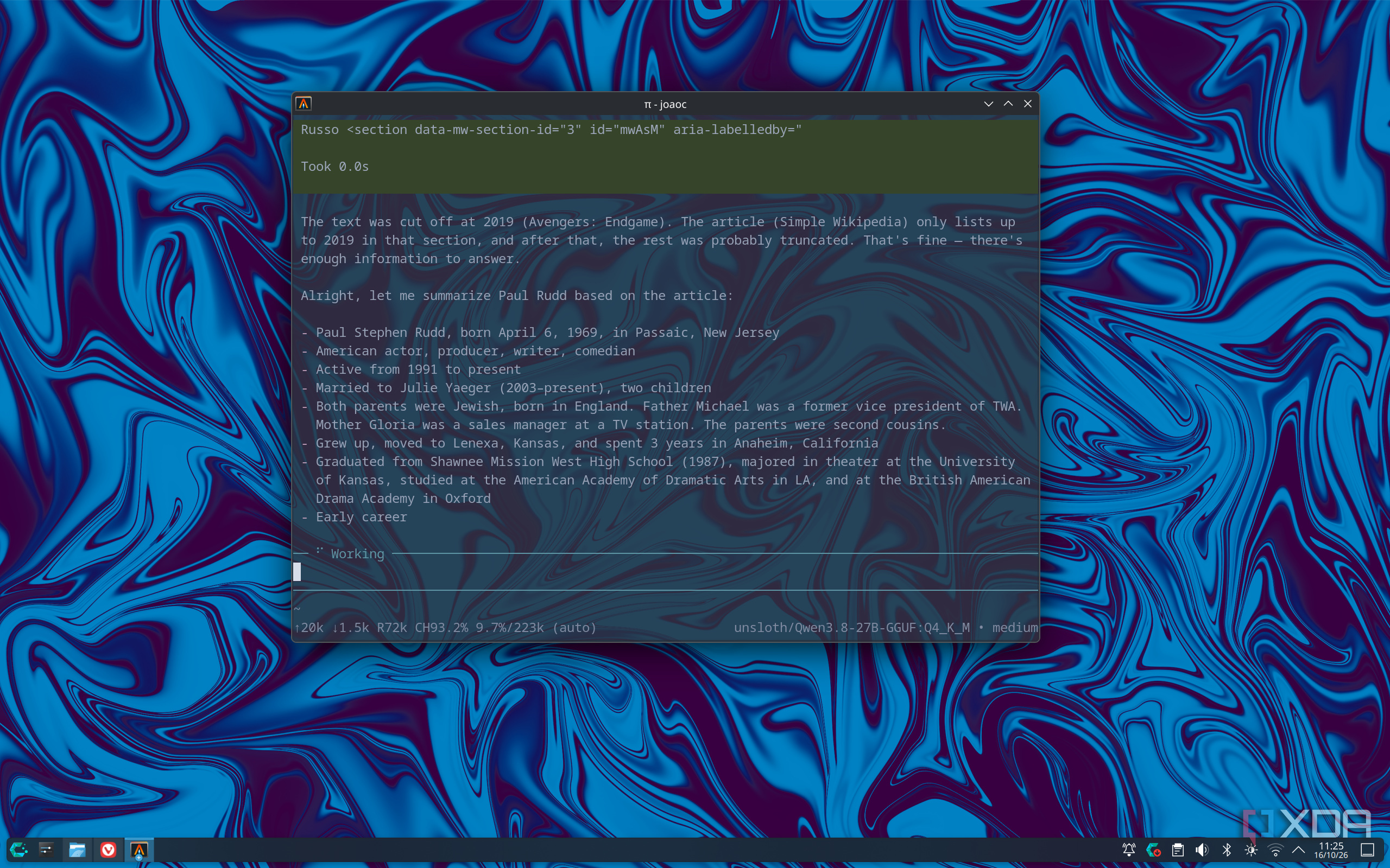 Screenshot of Pi working on an answer for the question "who is Paul Rudd?"