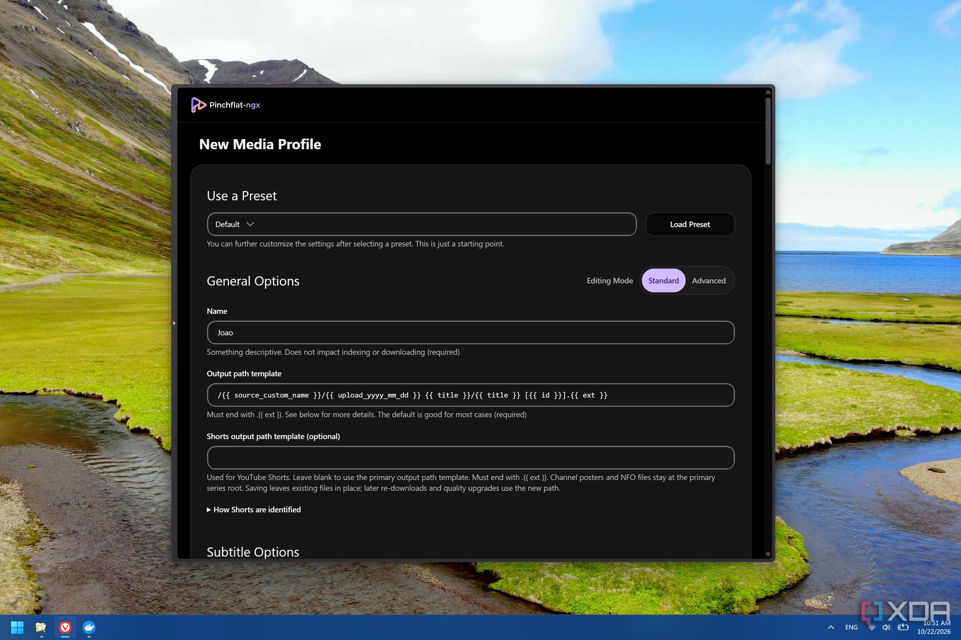 Screenshot of Pinchflat-ngx when creating a new media profile, showing the option to choose a preset and set information such as the title