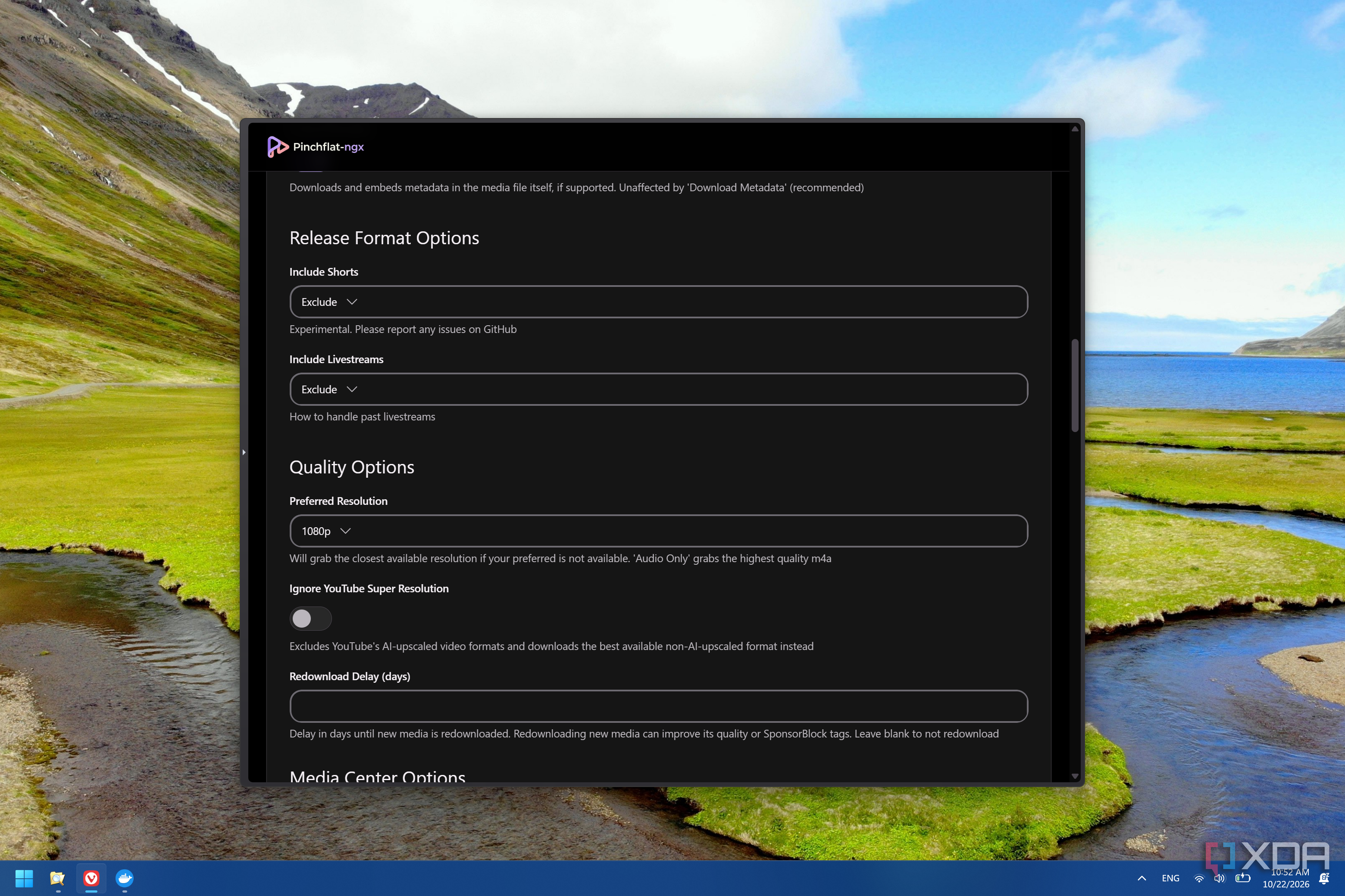 Screenshot of Pinchflat-ngx when creating a new media profile, with settings for how to handle Shorts and live streams, as well as quality options