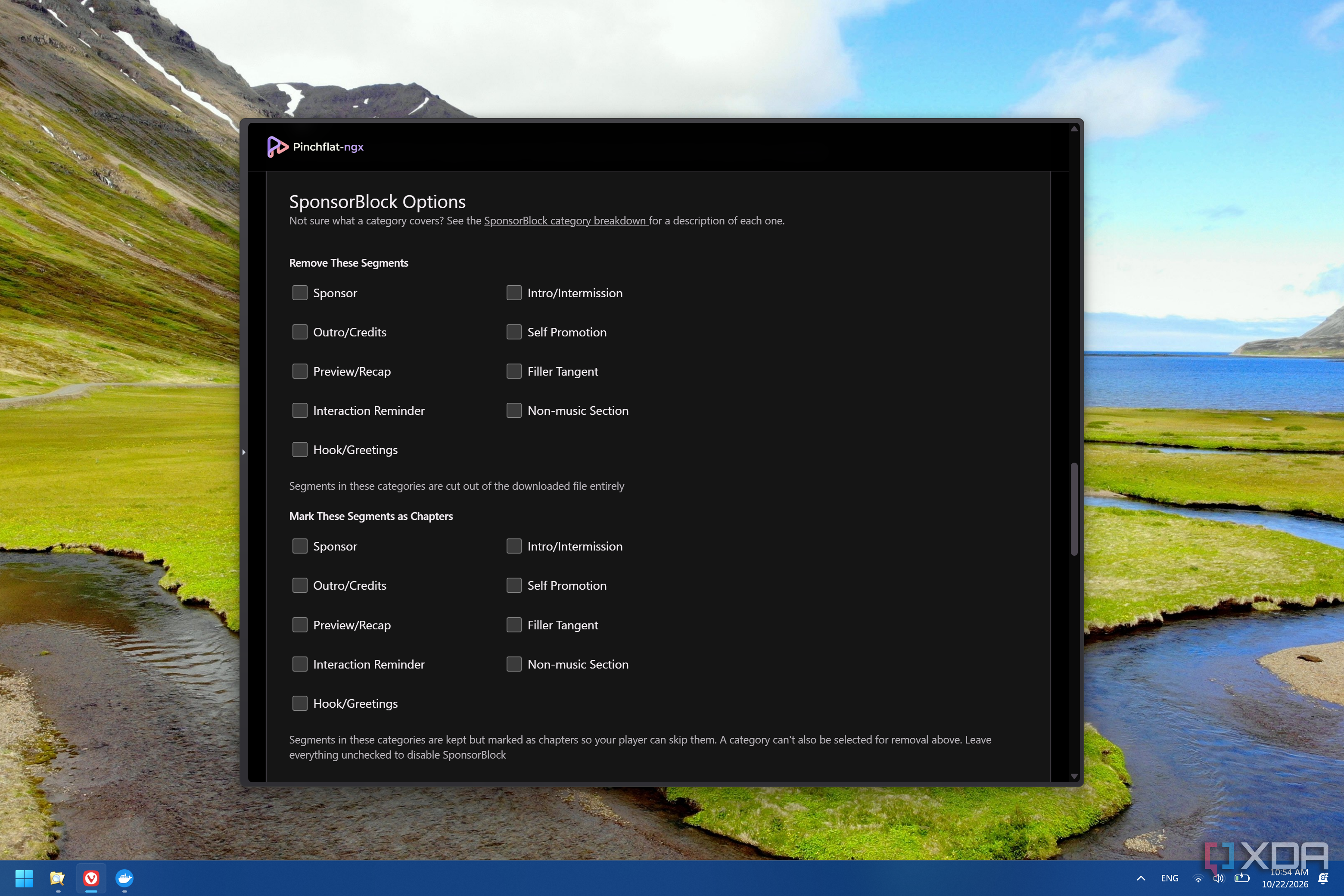 Screenshot of Pinchflat-ngx when creating a new media profile, showing SponsorBlock options for handling different segments of YouTube videos