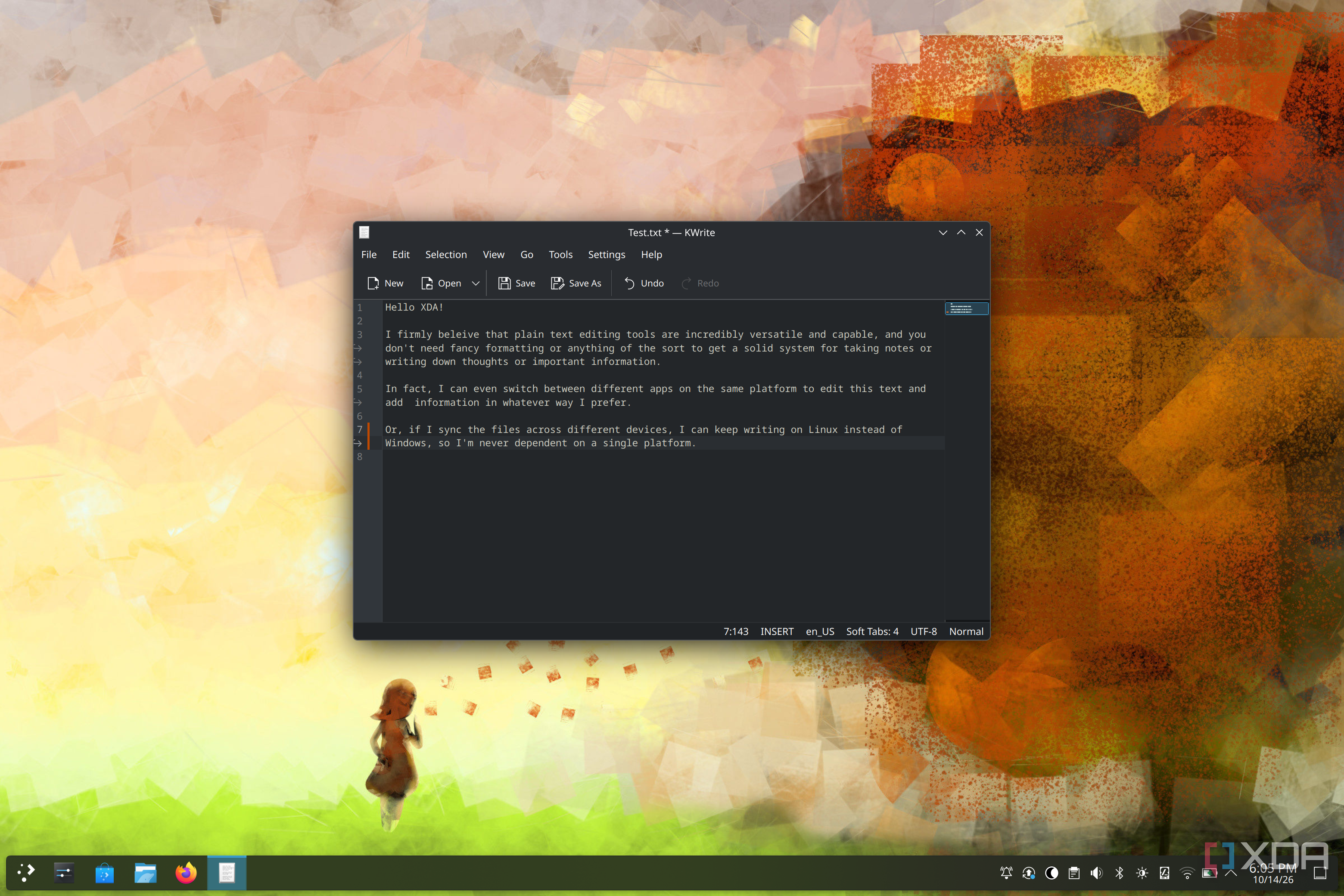 Screenshot of KWrite on Fedora KDE editing a plain text file