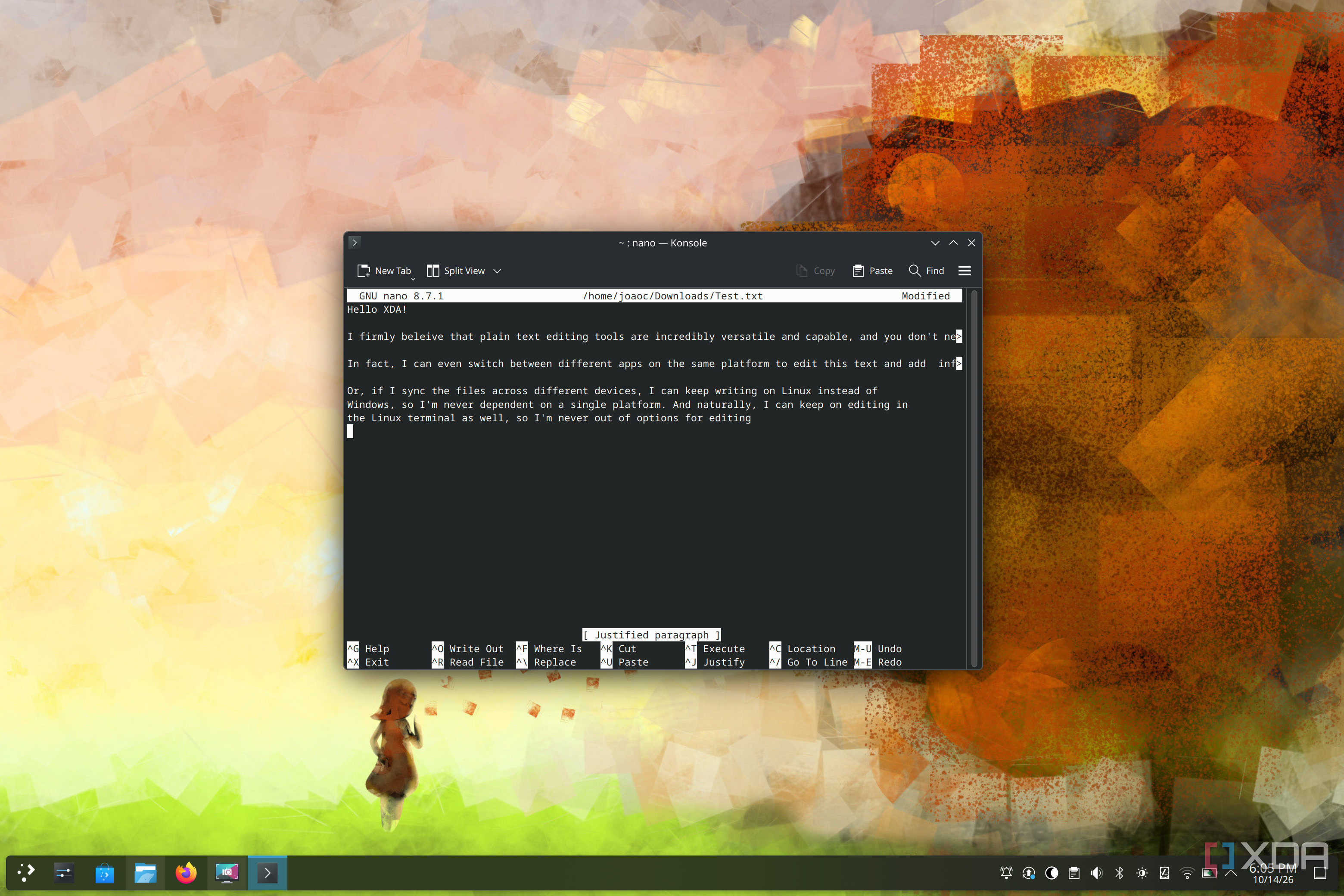 Screenshot of a terminal in Fedora KDE editing a plain text file with Nano