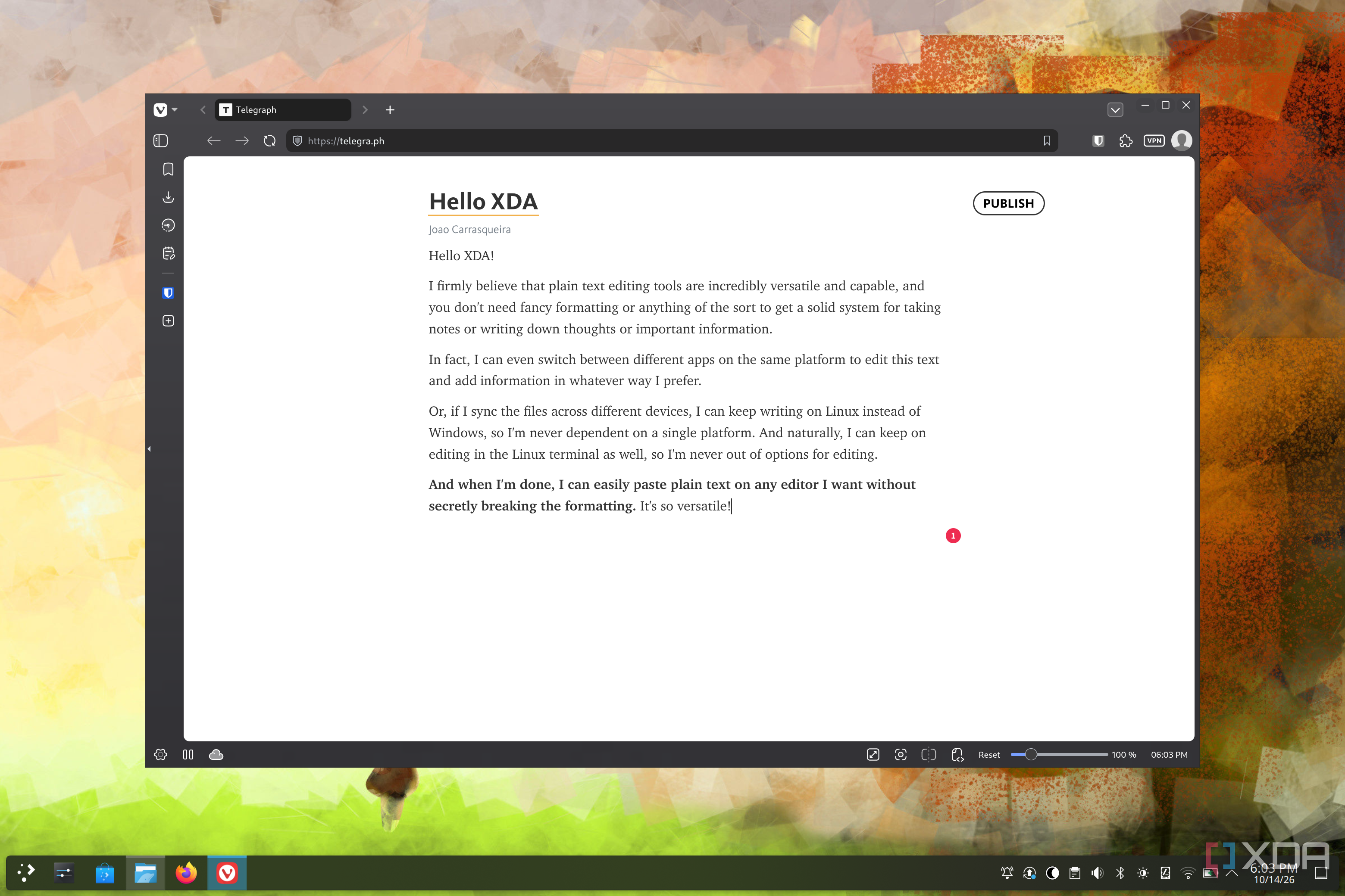 Screenshot of a browser using Telegraph to edit a document with basic formatting options