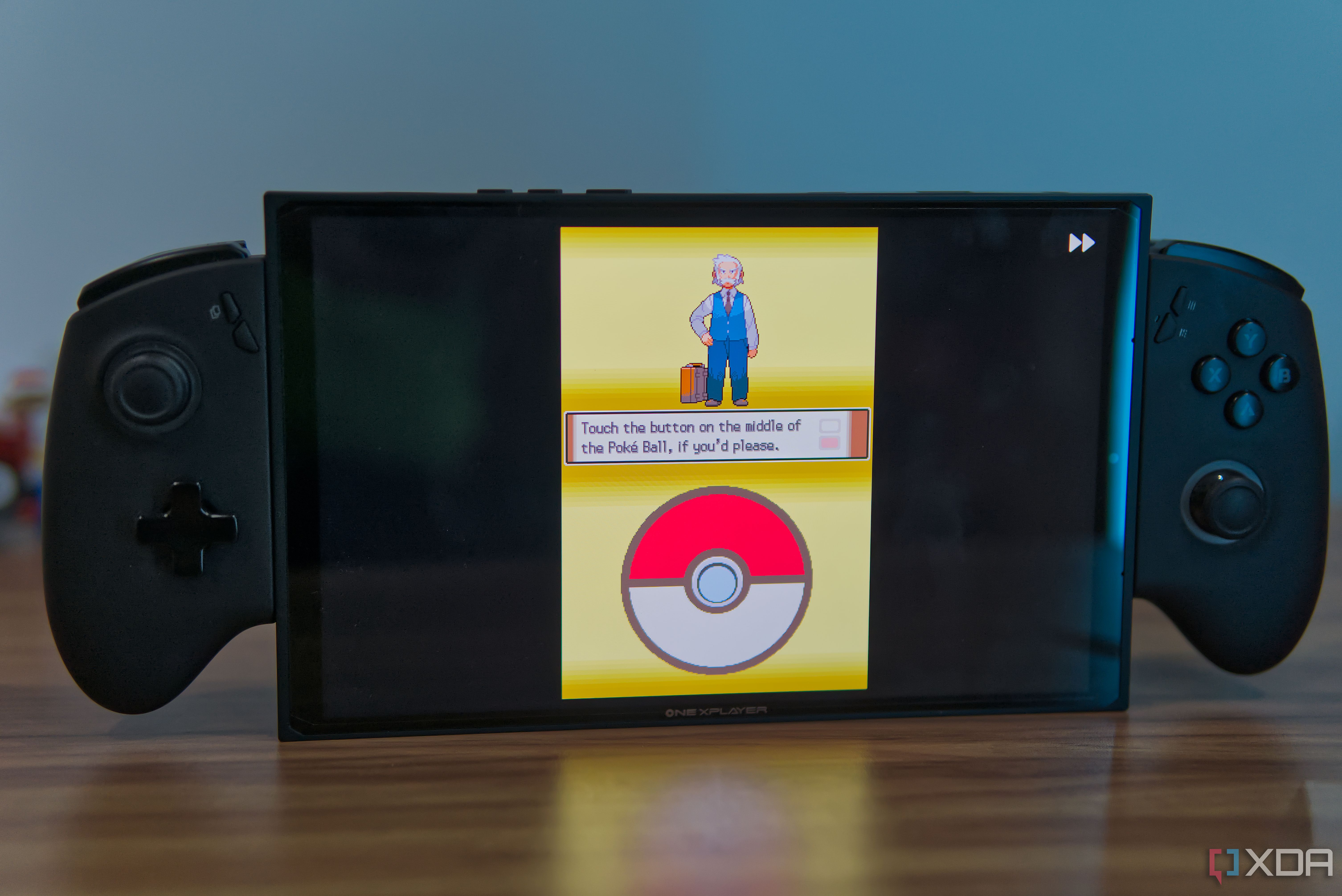 A gaming handheld running pokémon Platinum in an emulator with fast-forwarding enabled