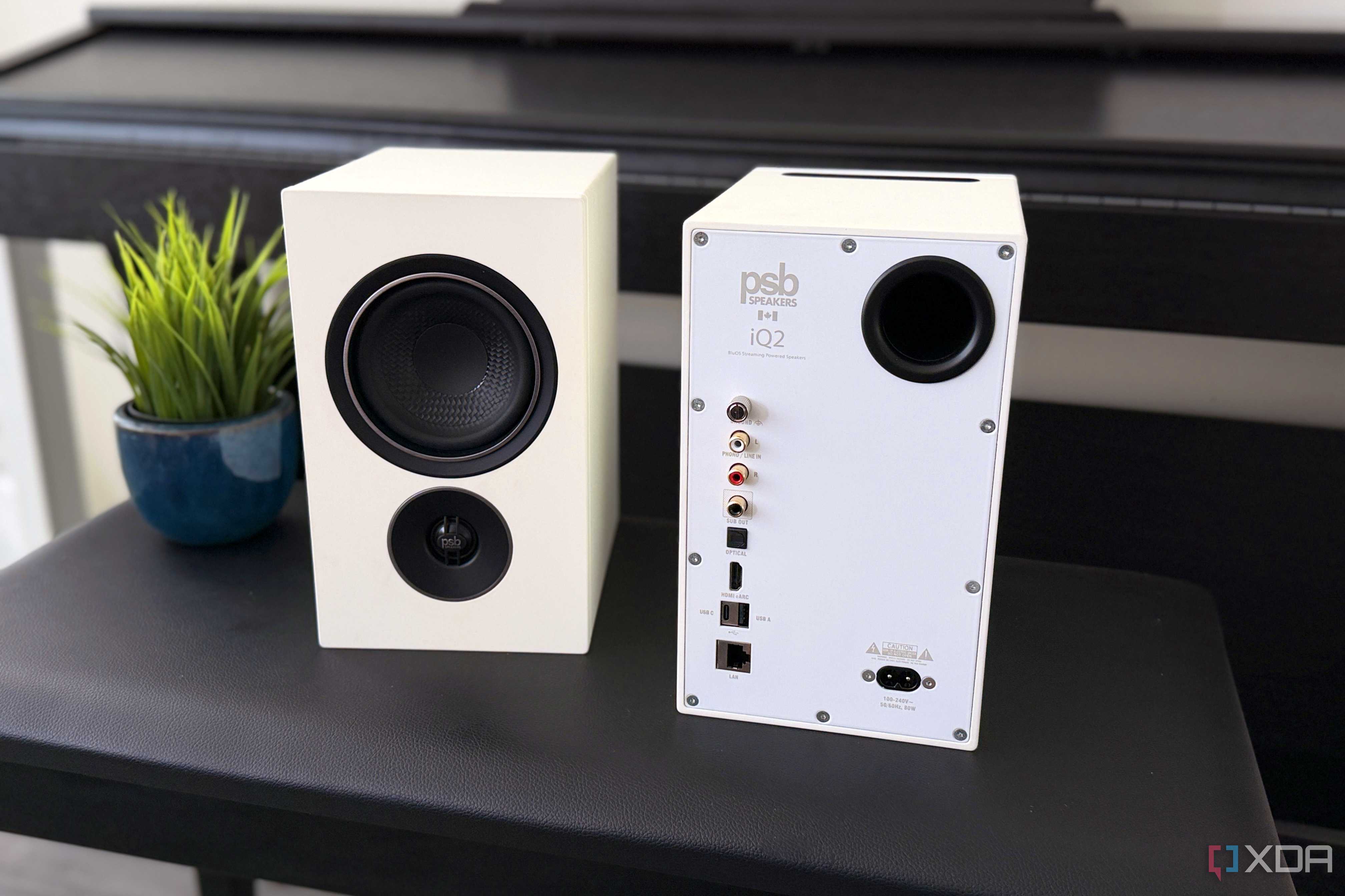 psb iq2 on a bench with the main speaker turned around to show the inputs