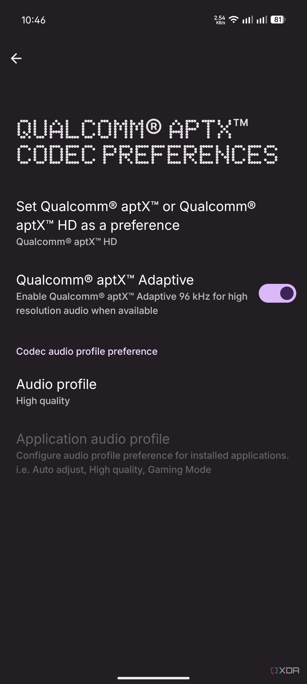 Qualcomm AptX preferences page