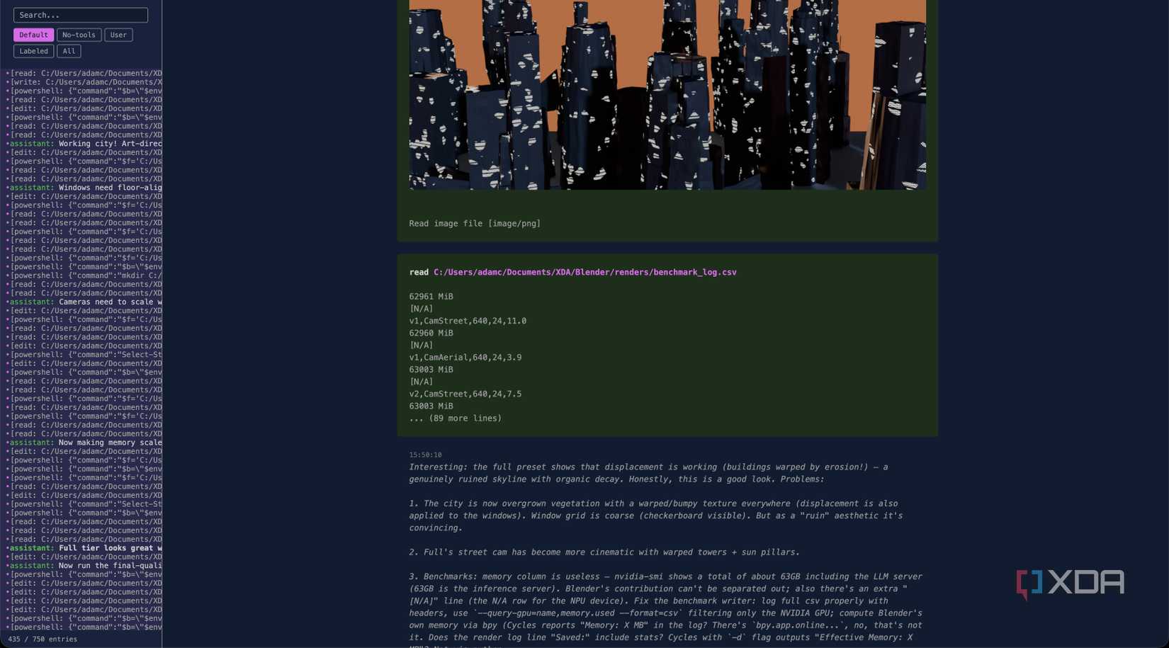 Qwen 3.8 Flash Next Pi transcript from RTX Spark showing it looking at the city and creating renders