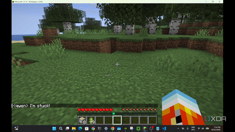 Qwen saying "I'm stuck" in Minecraft after digging itself into a hole