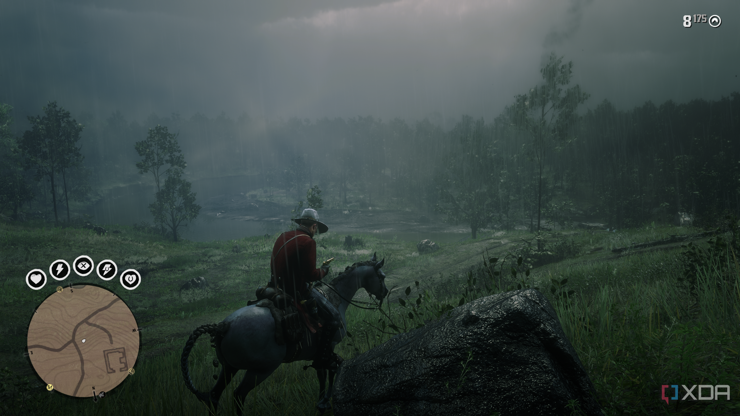 A gameplay screenshot from Red Dead Redemption 2 featuring weather effects and volumetric clouds.