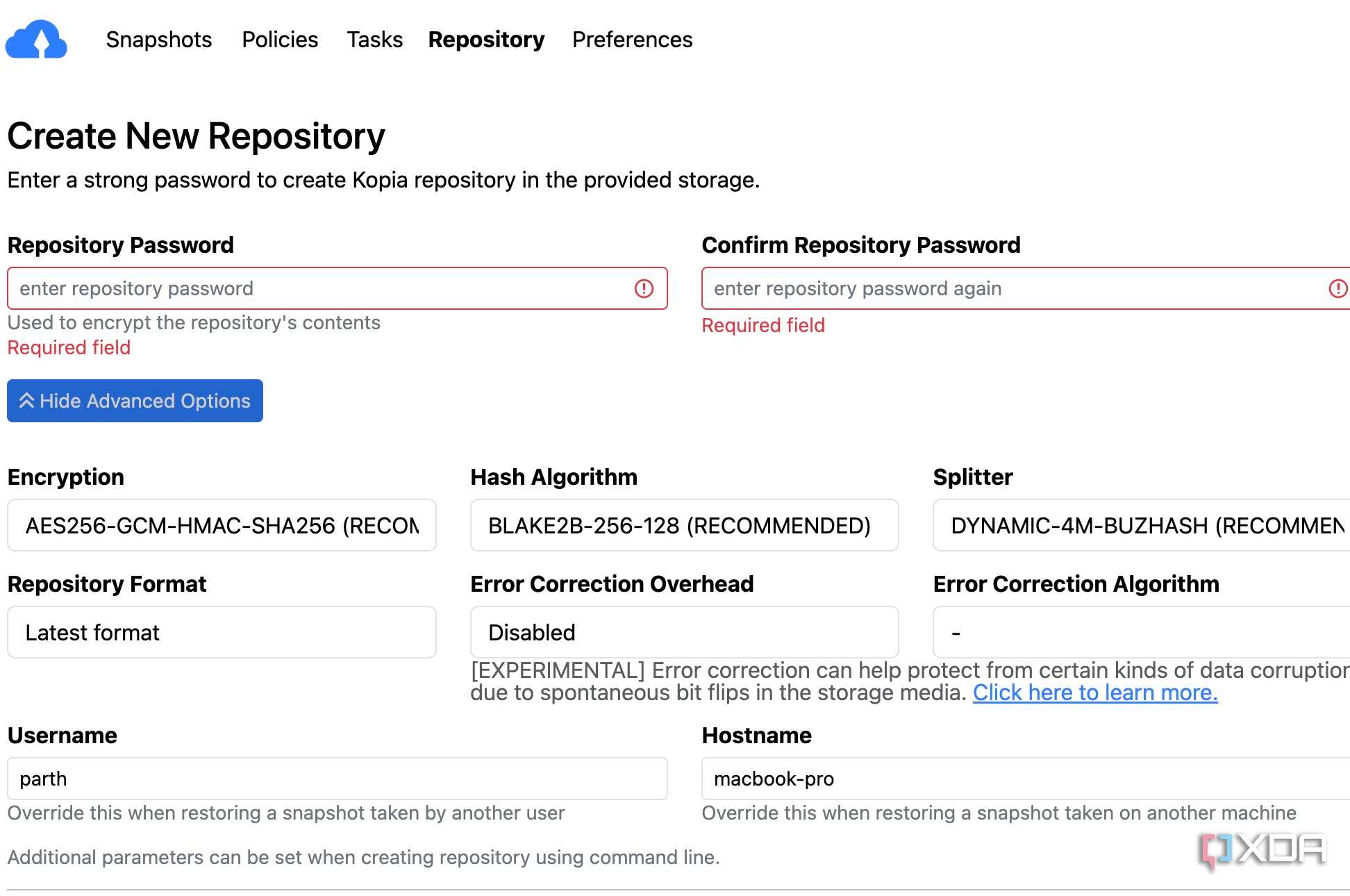 Kopia create new repository