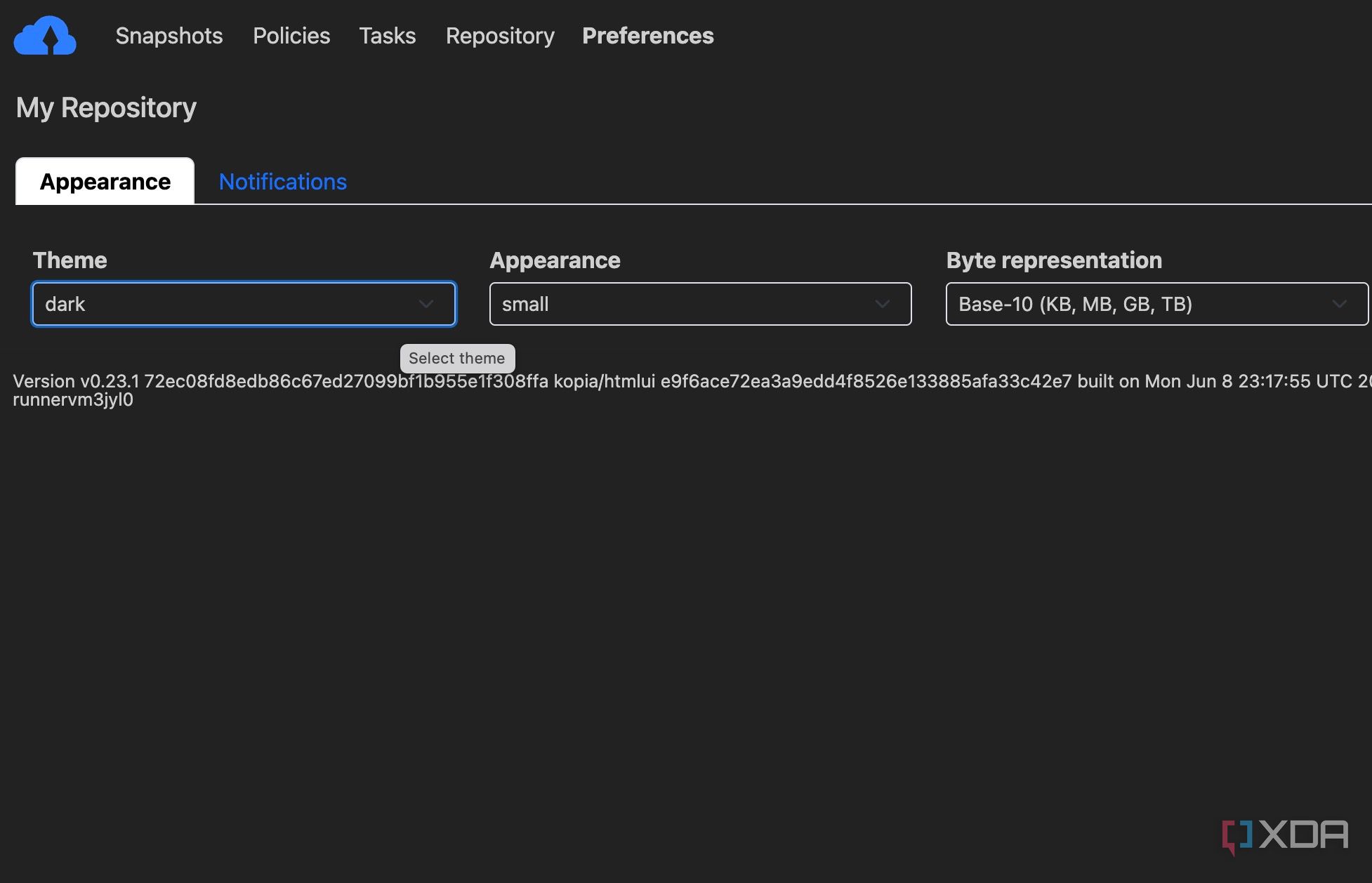 Kopia dark theme