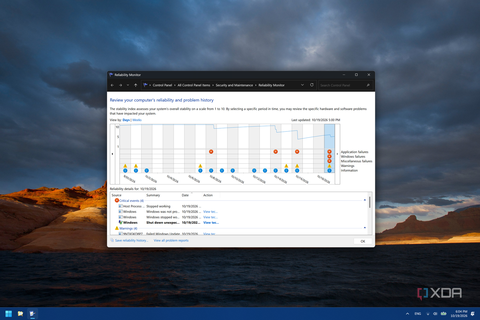 Screenshot of Reliabnility Monitor on Windows 11 showing events from the past two weeks