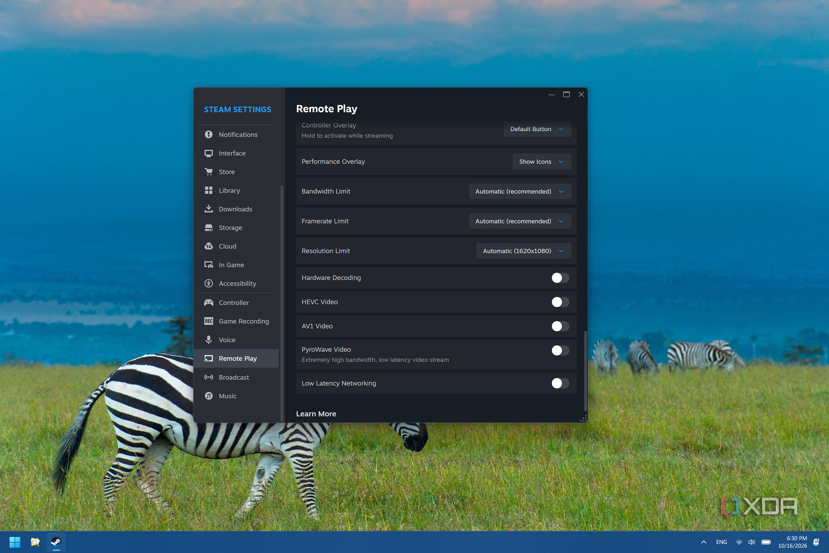 Screenshot of Steam Remote Play settings showing hardware decoding is disabled