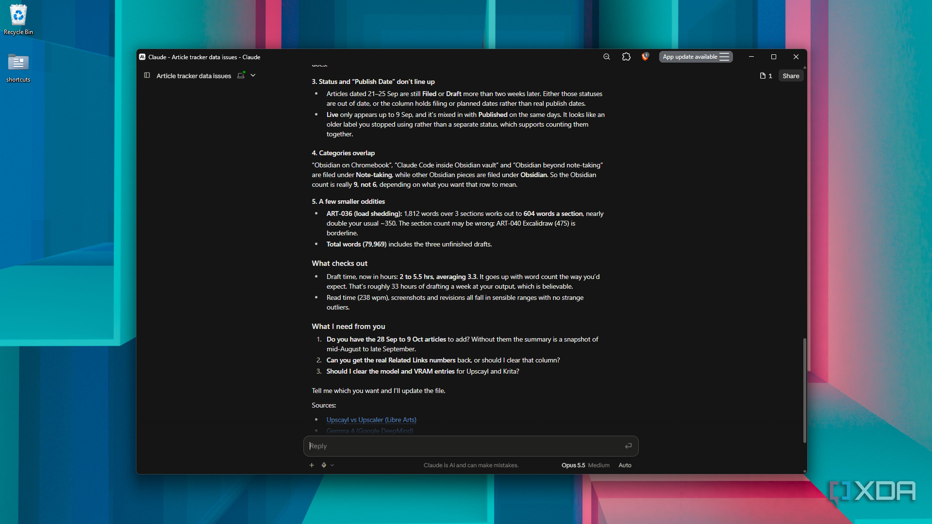 reviewing status date and category oddities in Claude Desktop
